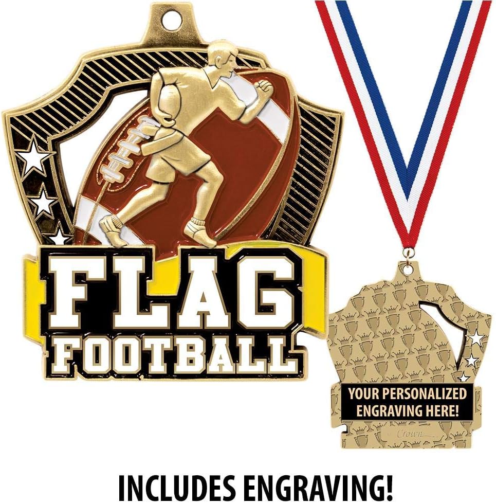 Custom Flag Football Medals, 2 1/4' Shieldz Flag Football Award Medals with Free Engraving