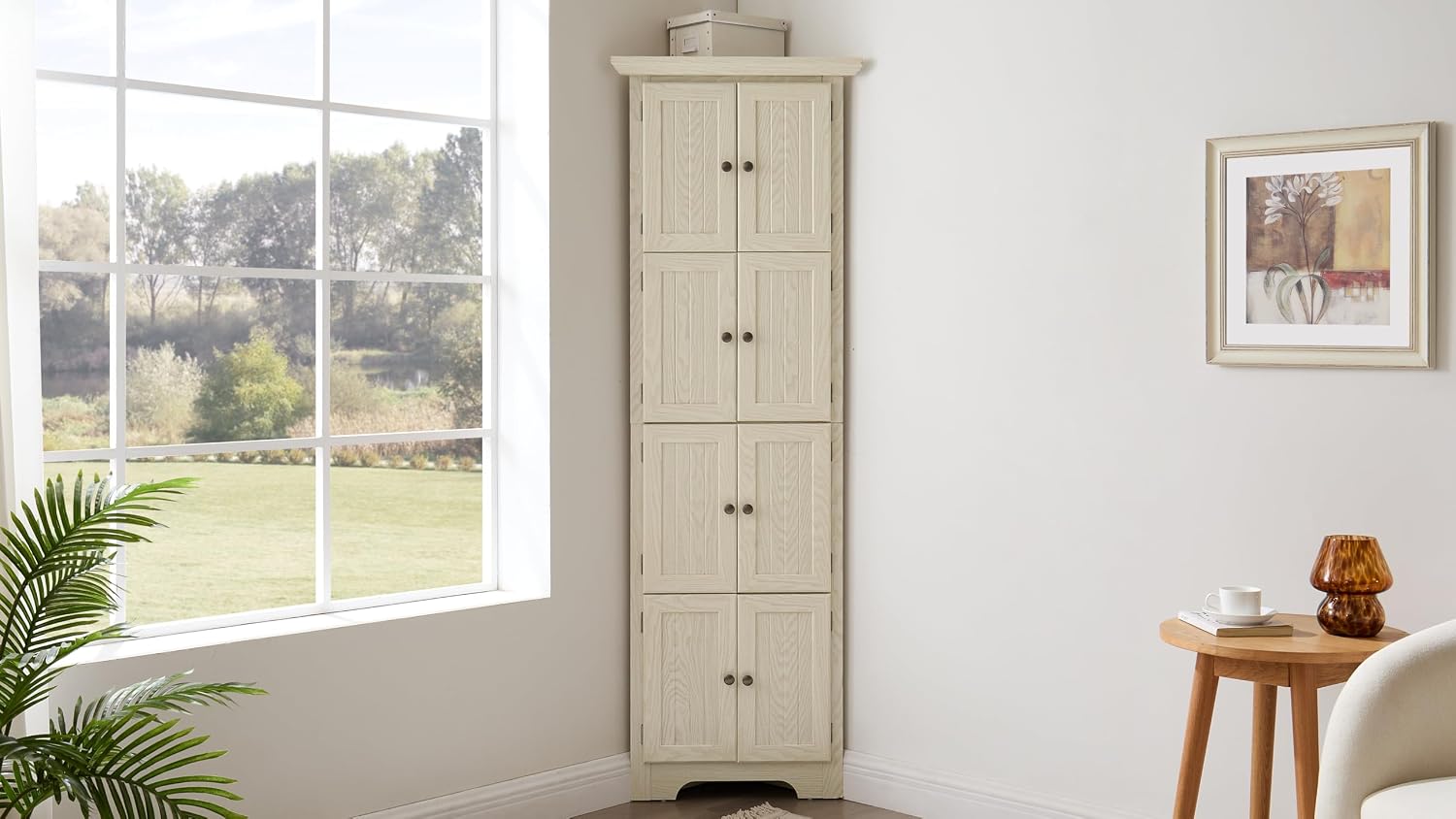 72' Corner Design Freestanding Storage Cabinet, Kitchen Storage Bakers Rack with Sleek Metal Handles, Utility Food Cupboard with 4-Tier Shelves for Kitchen, Bathroom, Living Room, White