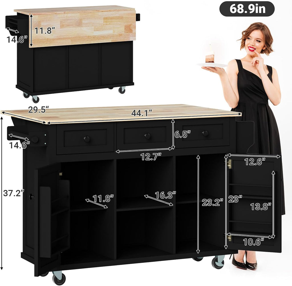 Rovibek Kitchen Island with Drawers 53 in Rolling Island Cart Mobile Portable Islands on Wheels Solid Wood Island with Storage Cabinet & Drawers, Jet Black