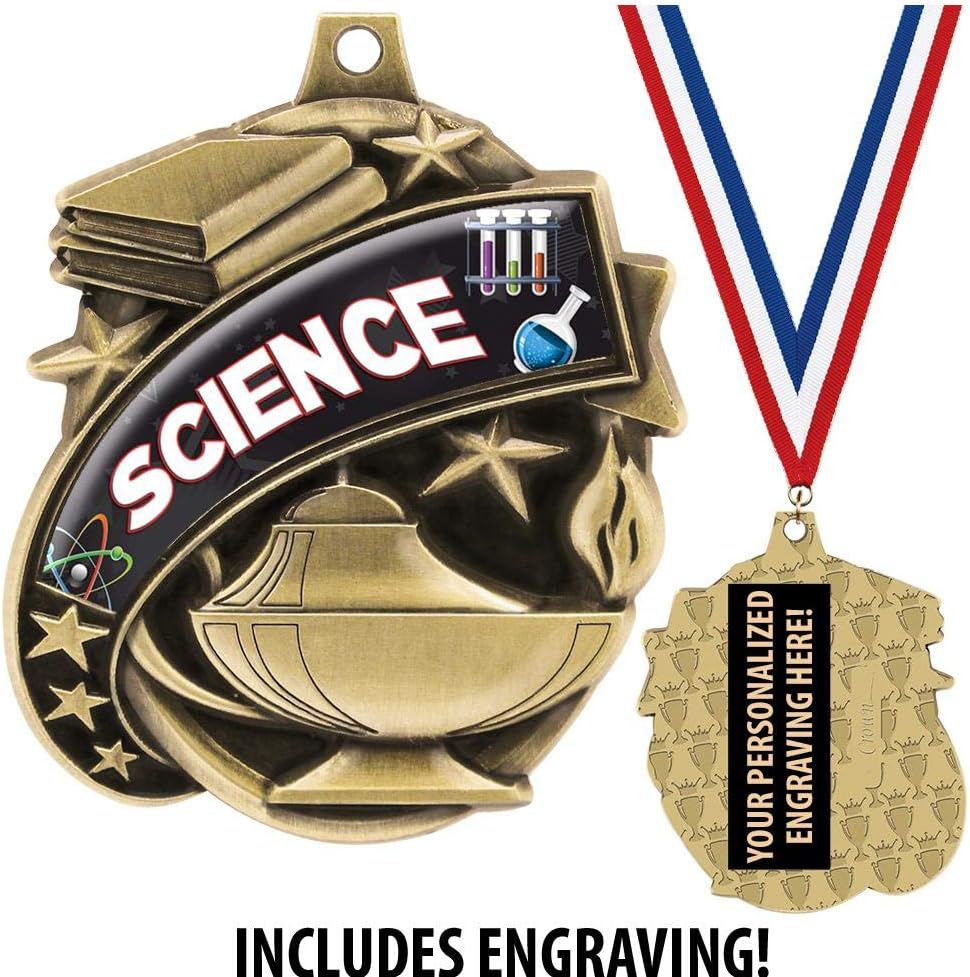 Science Medals - 1 1/2' Gold Science Fair Medal, Great Kids Science Awards with Custom Engraving