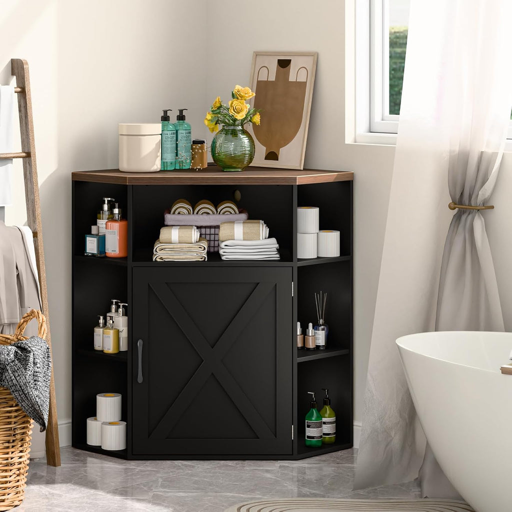 Vabches Corner Cabinet, Corner Storage Shelf with USB Ports and Outlets Industrial Organizer for Small Space Wooden 6-Cubby Bookshelf for Study, Playroom, Living Room (Black and Brown)