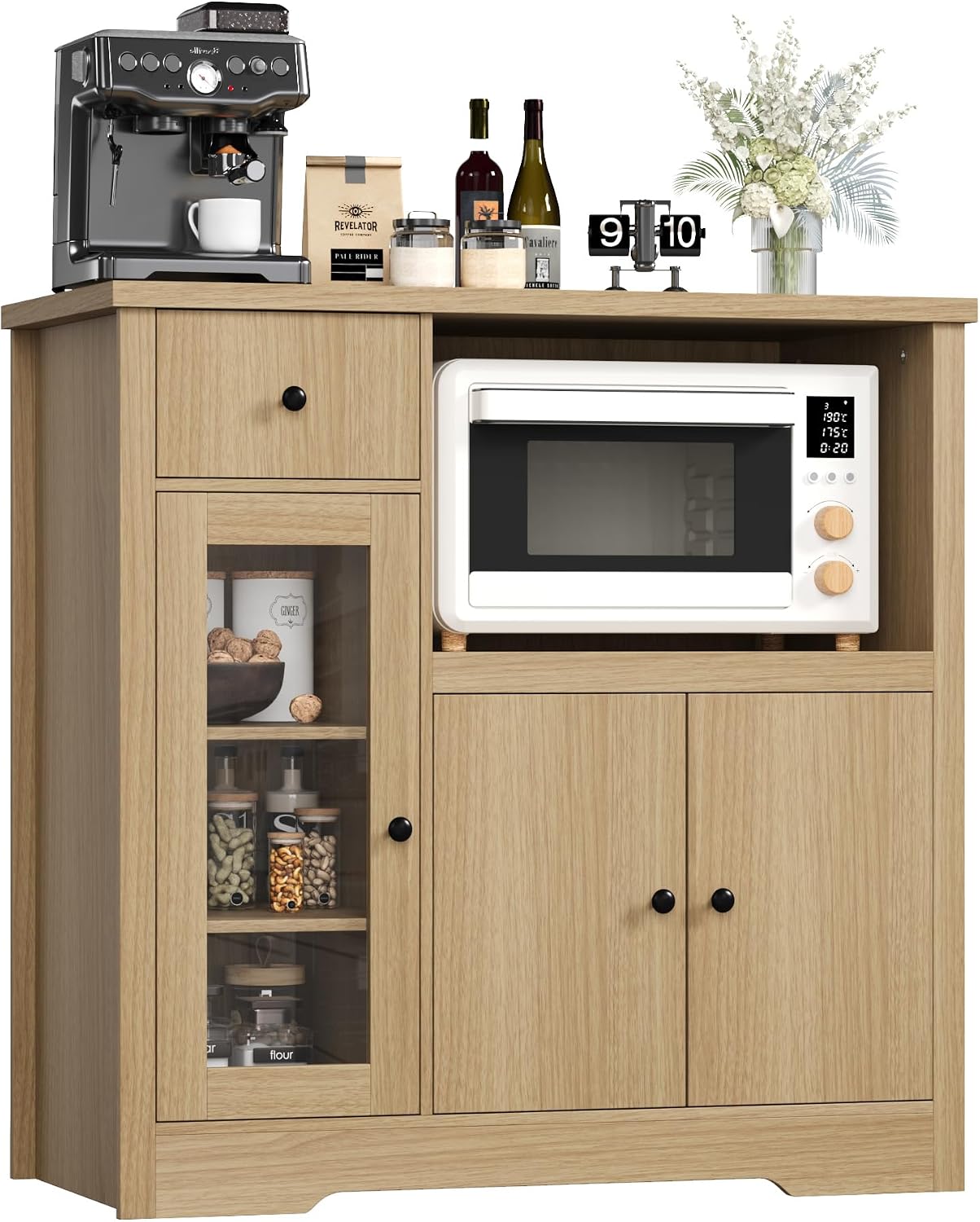 Senfot Kitchen Microwave Cabinet with Storage and Drawers, Modern Small Buffet Cabinet with Glass Doors and Adjustable Shelf, Wooden Sideboard with Wide Top for Dining Room, Living Room, Natural