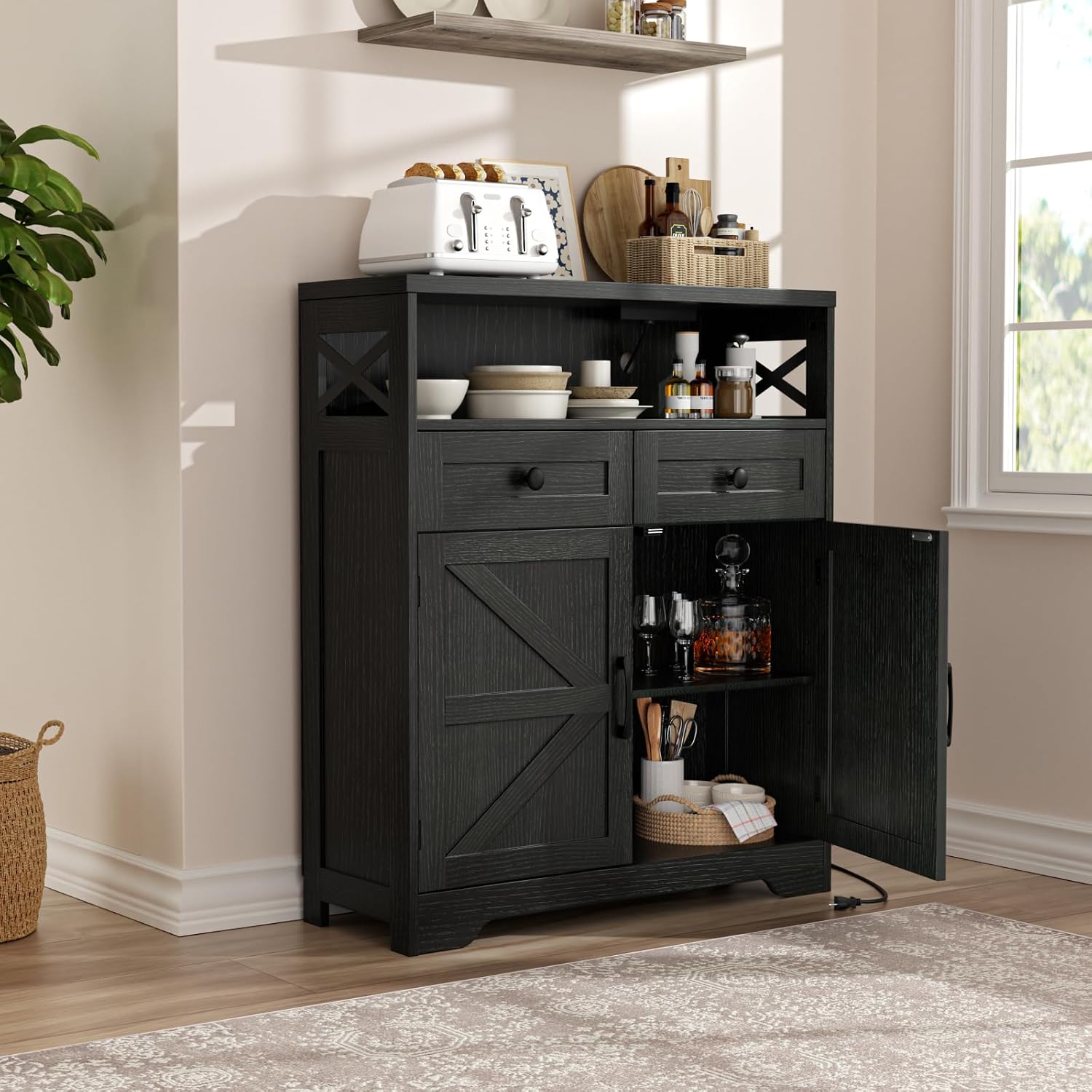 FiveWillowise 31.5' Black Storage Cabinet with Drawers and Shelf, Farmhouse Sideboard Buffet with Storage, Kitchen Pantry Hutch, Coffee Bar Cabinet Station Table for Kitchen, Living, Dining Room