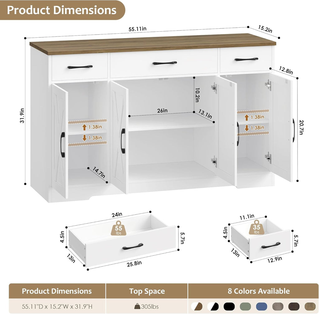 HOSTACK Buffet Cabinet with Drawers, 55' Large Sideboard Buffet Storage Cabinet with Shelves and Doors, Modern Farmhouse Coffee Bar Station Wood Kitchen Table for Kitchen, Dining Room, White/Rustic