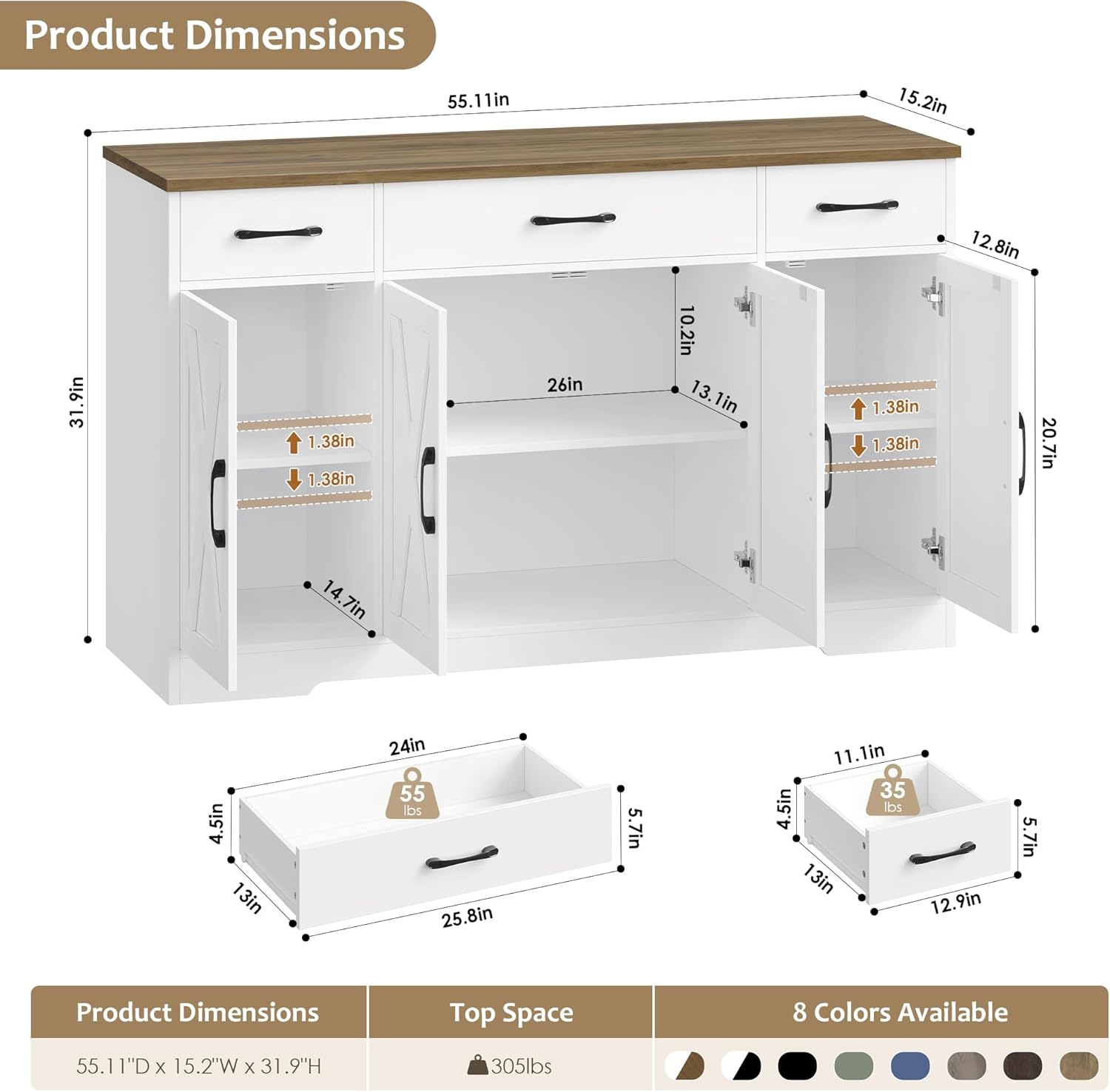 HOSTACK Buffet Cabinet with Drawers, 55' Large Sideboard Buffet Storage Cabinet with Shelves and Doors, Modern Farmhouse Coffee Bar Station Wood Kitchen Table for Kitchen, Dining Room, White/Rustic