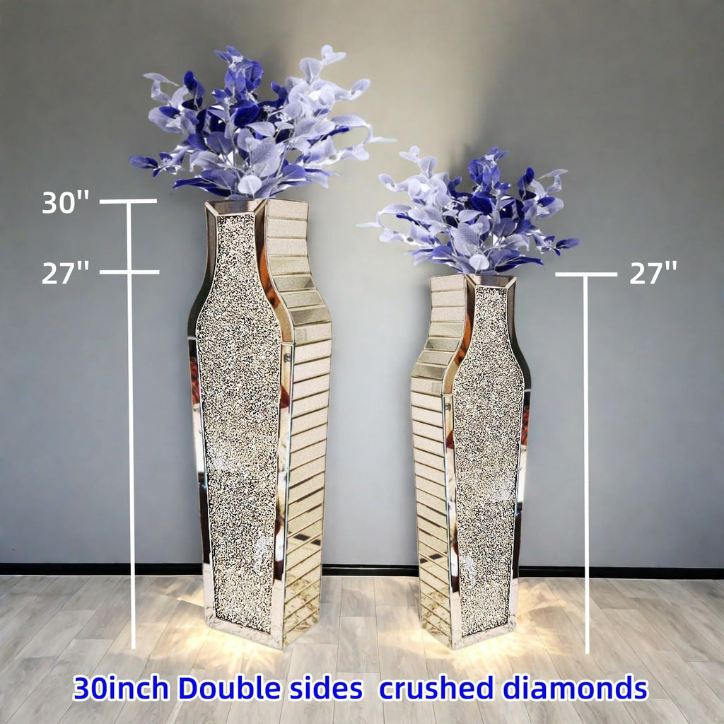 30' Large Double Sided Crushed Diamond Floor Vases,Tall Silver Mirrored Crystal Vase for Floor,Big Floor Vases Decorative Tall for Home,Office,Hotel(Silver,8.6' L x 5.3' W x 30' H)