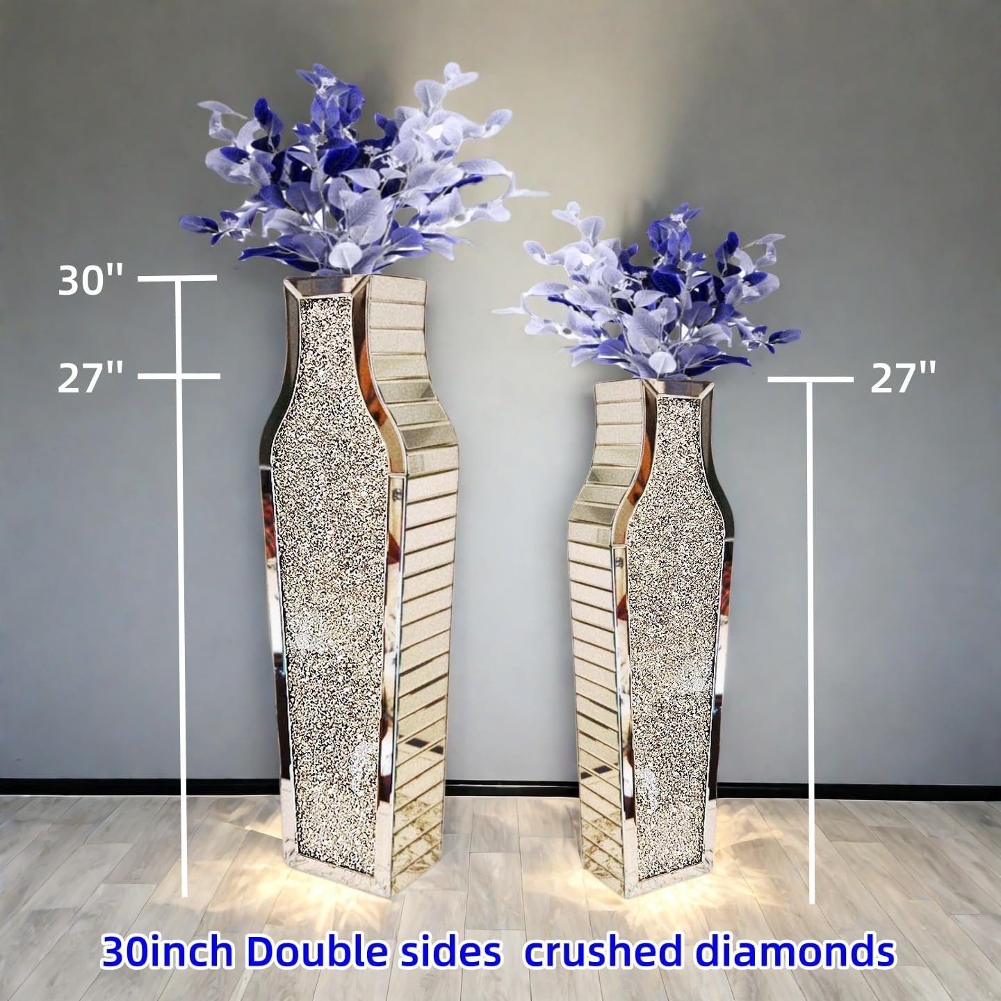 30' Large Double Sided Crushed Diamond Floor Vases,Tall Silver Mirrored Crystal Vase for Floor,Big Floor Vases Decorative Tall for Home,Office,Hotel(Silver,8.6' L x 5.3' W x 30' H)