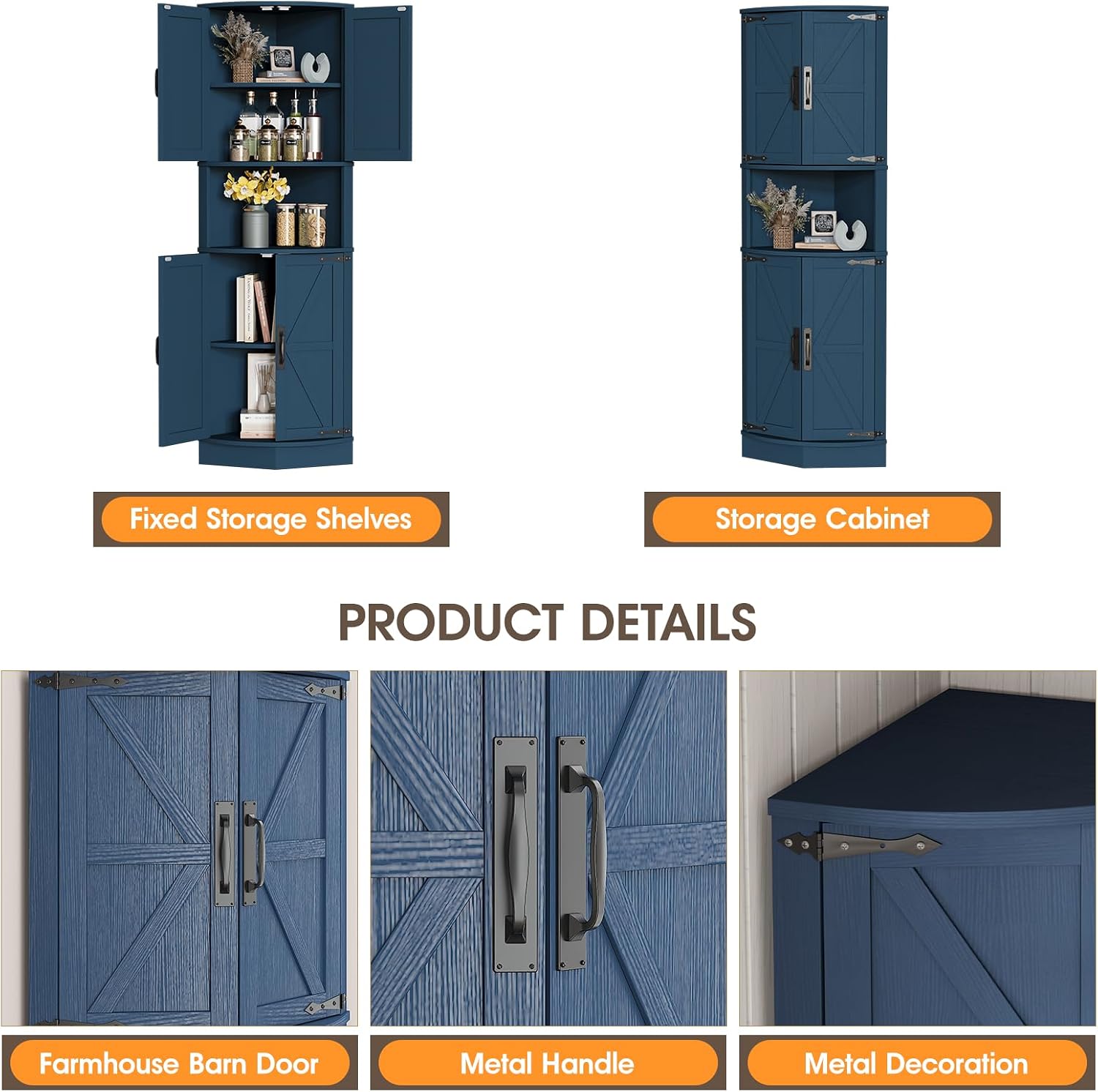Vabches 64.8' Tall Farmhouse Corner Cabinet with 4 Doors and 5 Storage Shelves, Farmhouse Storage Cabinet with Barn Door Design, Home Space Saver for Living Room, Kitchen, Laundry Room,Blue