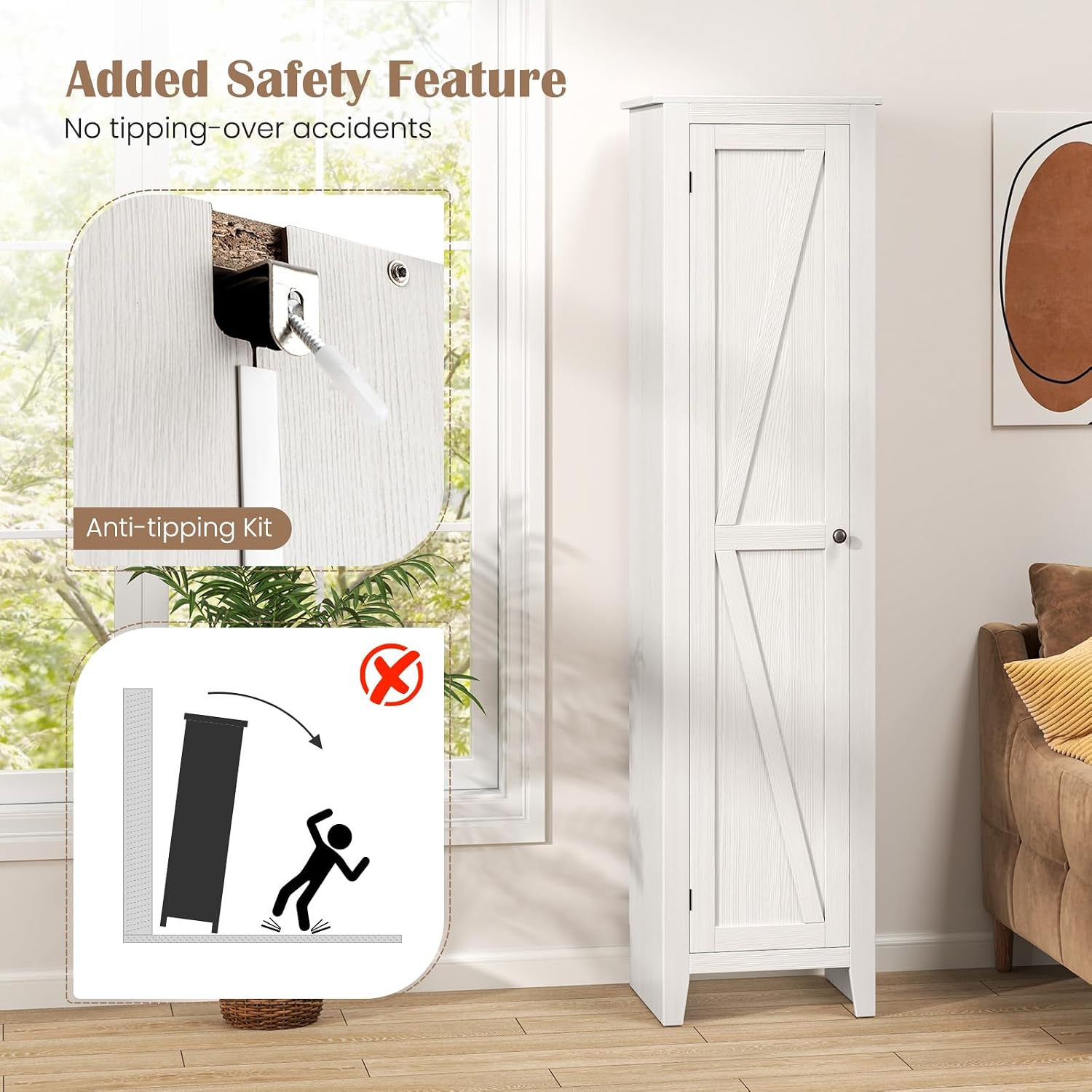 Giantex 72-Inches Narrow Storage Cabinet, Tall Bathroom Floor Cabinet with 4 Shelves, Barn Door, Anti-tilt Device, Raised Feet, Slim Storage Unit for Small Spaces, Living Room, Home Office, Kitchen
