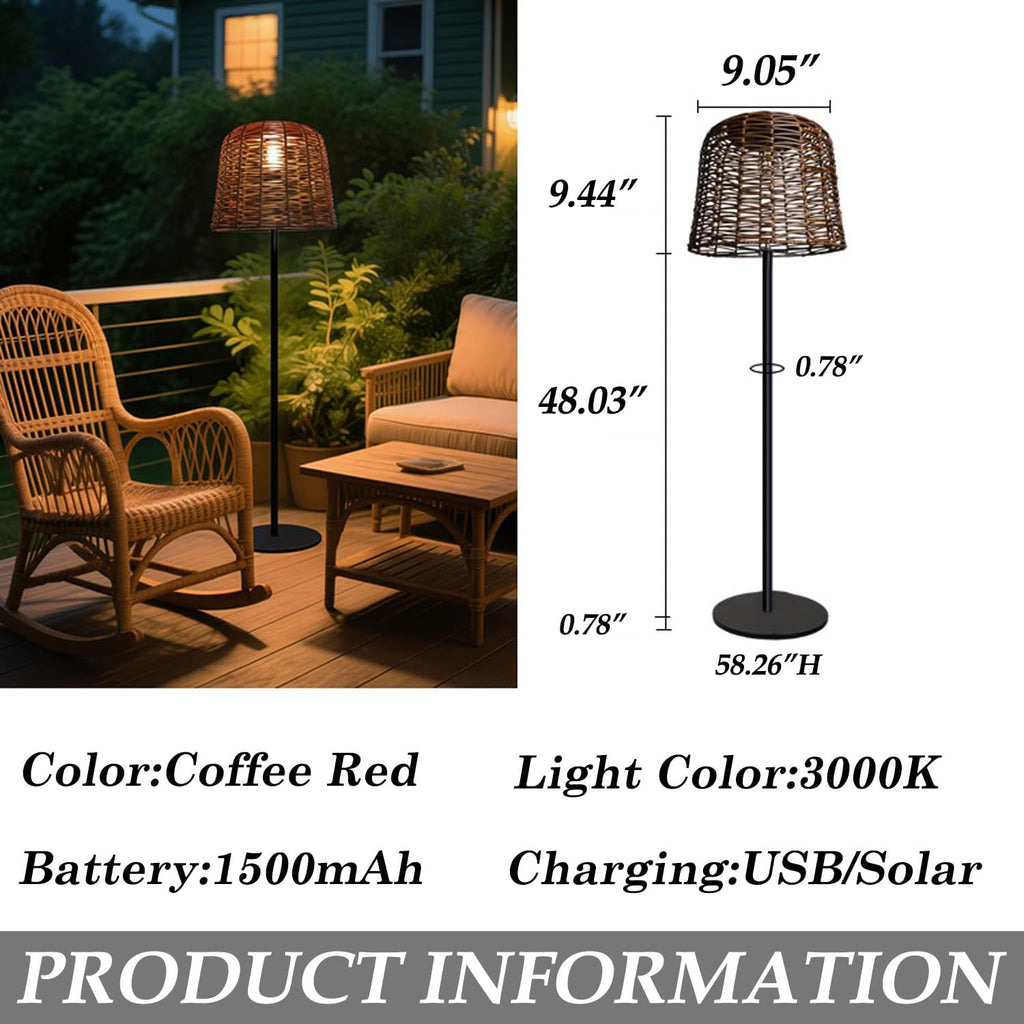 MIXL-Coffee Brown Outdoor Floor Lamp,Waterproof Wicker Shade Standing Lamp,Modern Farmhouse Dusk to Dawn Solar Light, 3000K Led Solar Outdoor Light for Patio Garden and Gazebo