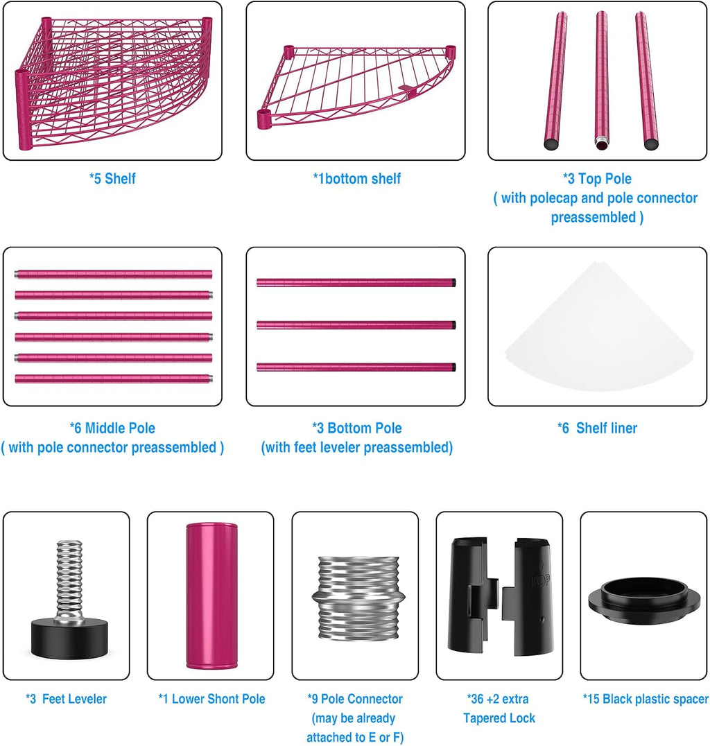 6 Tier NSF Corner Wire Shelf Shelving Unit, 18 x 18 x 72 Inch 420lbs Capacity Heavy Duty Adjustable Metal Storage Rack with Leveling Feet & Shelf Liners for Office Kitchen Bathroom and More - Pink