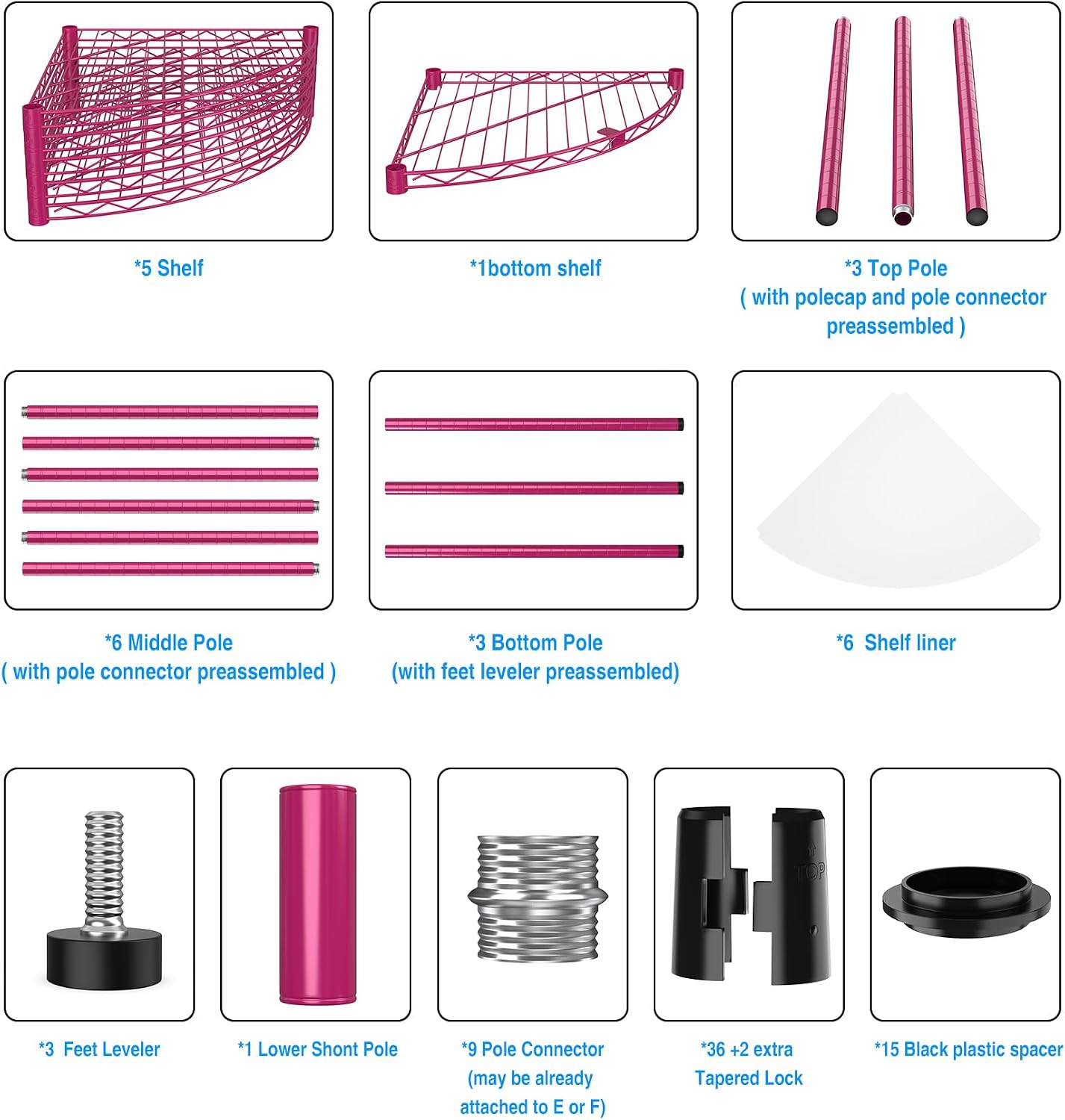 6 Tier NSF Corner Wire Shelf Shelving Unit, 18 x 18 x 72 Inch 420lbs Capacity Heavy Duty Adjustable Metal Storage Rack with Leveling Feet & Shelf Liners for Office Kitchen Bathroom and More - Pink