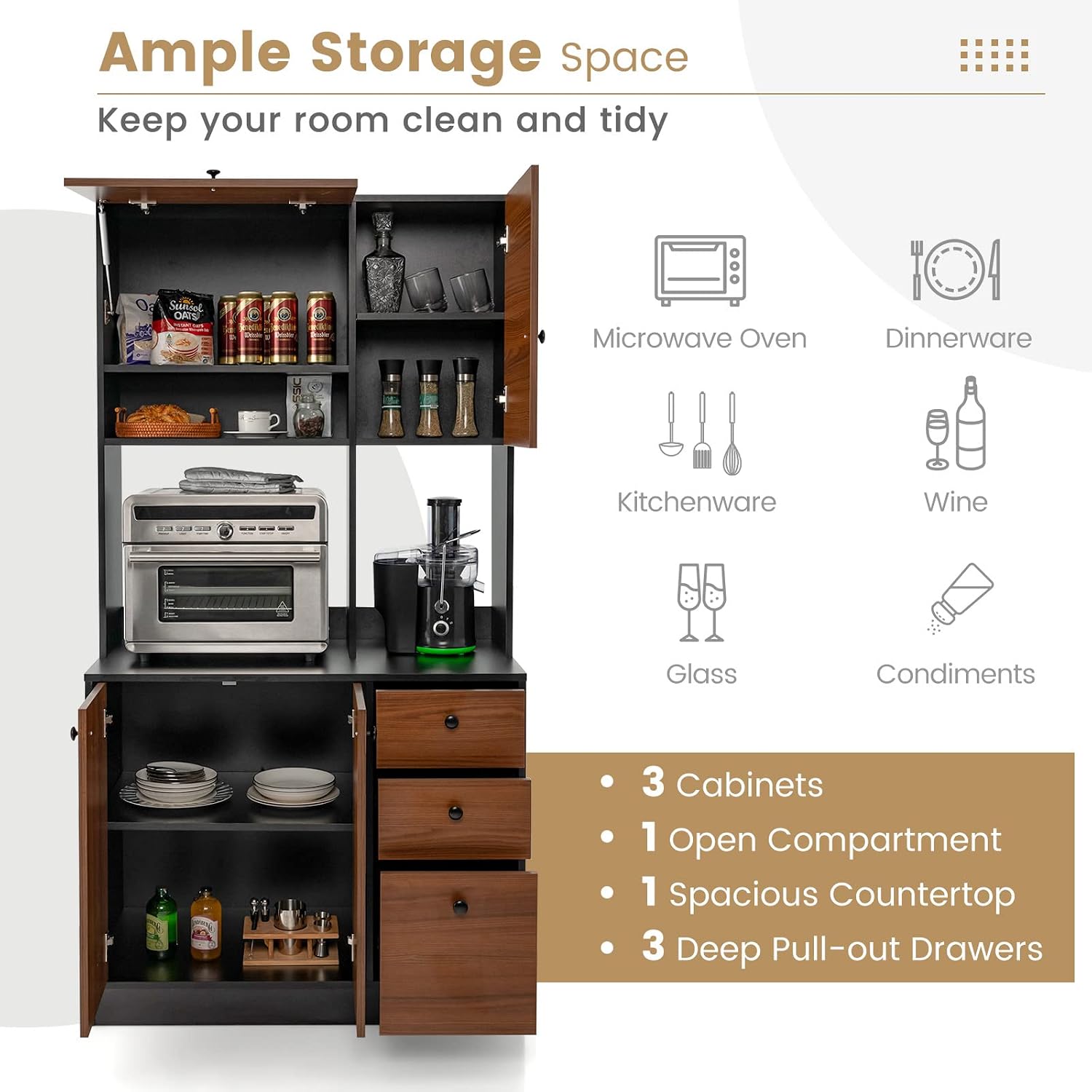 Giantex Kitchen Pantry, Buffet Hutch with 3 Storage Cabinet, 71'' Floor Large Cupboard with 3 Deep Drawers, Wide Countertop, Adjustable Shelves, Tall Sideboard (Walnut)