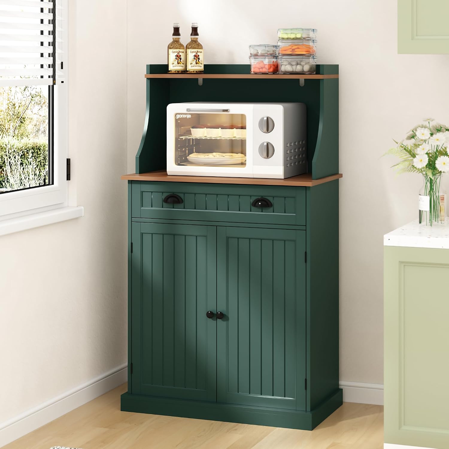 ARTPOWER 54' Kitchen Microwave Cabinet/Stand with Storage and Drawers, Green Pantry Storage Cabinet with Hutch & Adjustable Shelves for Kitchen, Dining Room, Living Room, Hallway