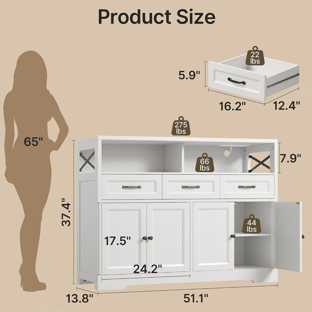 Ahomly 51' Buffet Cabinet with Adjustable Storage, Charging Port - 3 Drawers & 4 Doors Large Sideboard, Multi - Scene Coffee Bar/Microwave Stand for Kitchen,Living Room,Entryway（White）