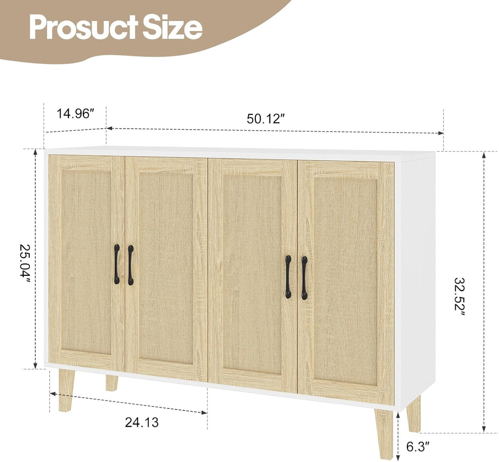 Panana Buffet Storage Cabinet with Rattan Decorating 4 Doors Living Room Kitchen Sideboard 48.43 x 34.65 x 15 inch (White)