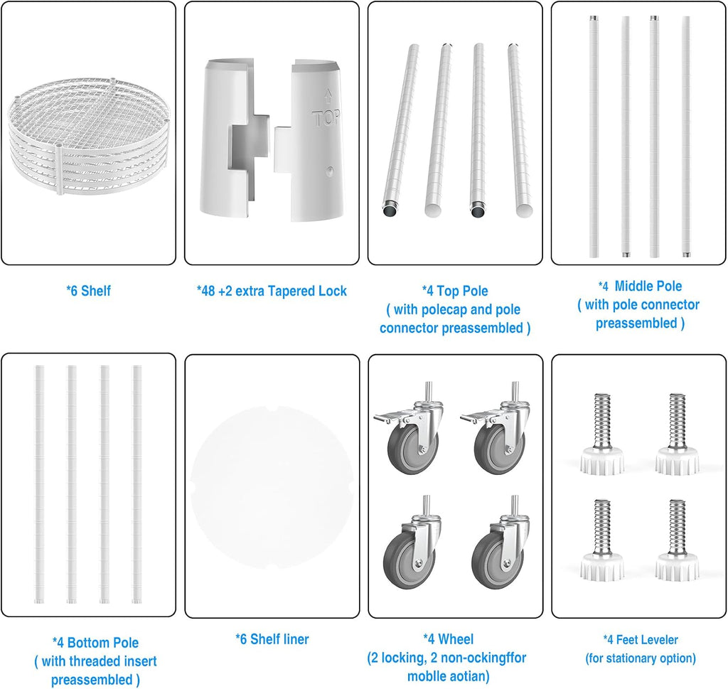 White 6 Tier NSF Metal Round Wire Shelving Units with Shelf Liners, 2400lbs Storage Rack with 4 Wheels for Kitchen, Utility Room, Warehouse, 85.5' H x 30' L x 30' W