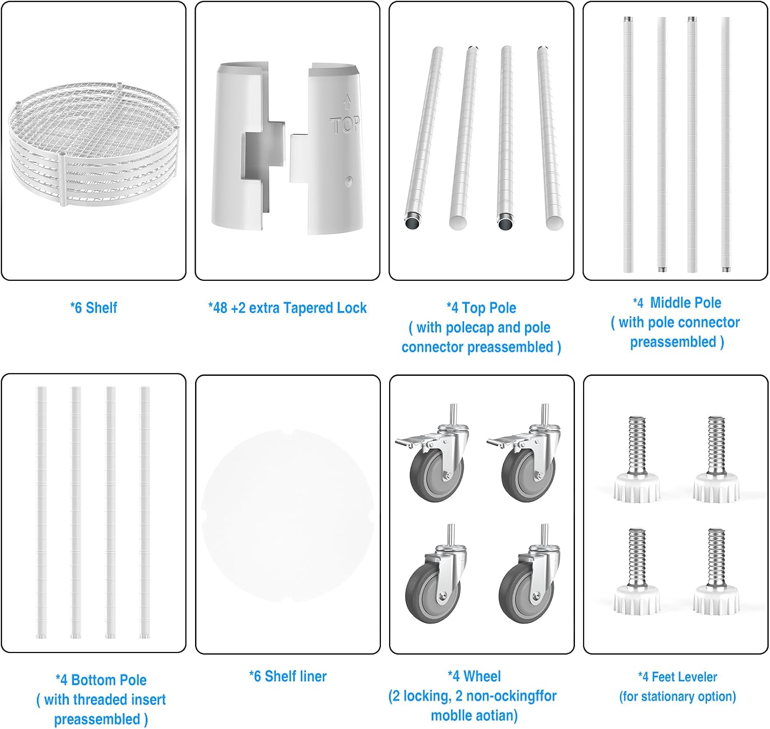 White 6 Tier NSF Metal Round Wire Shelving Units with Shelf Liners, 2400lbs Storage Rack with 4 Wheels for Kitchen, Utility Room, Warehouse, 85.5' H x 30' L x 30' W