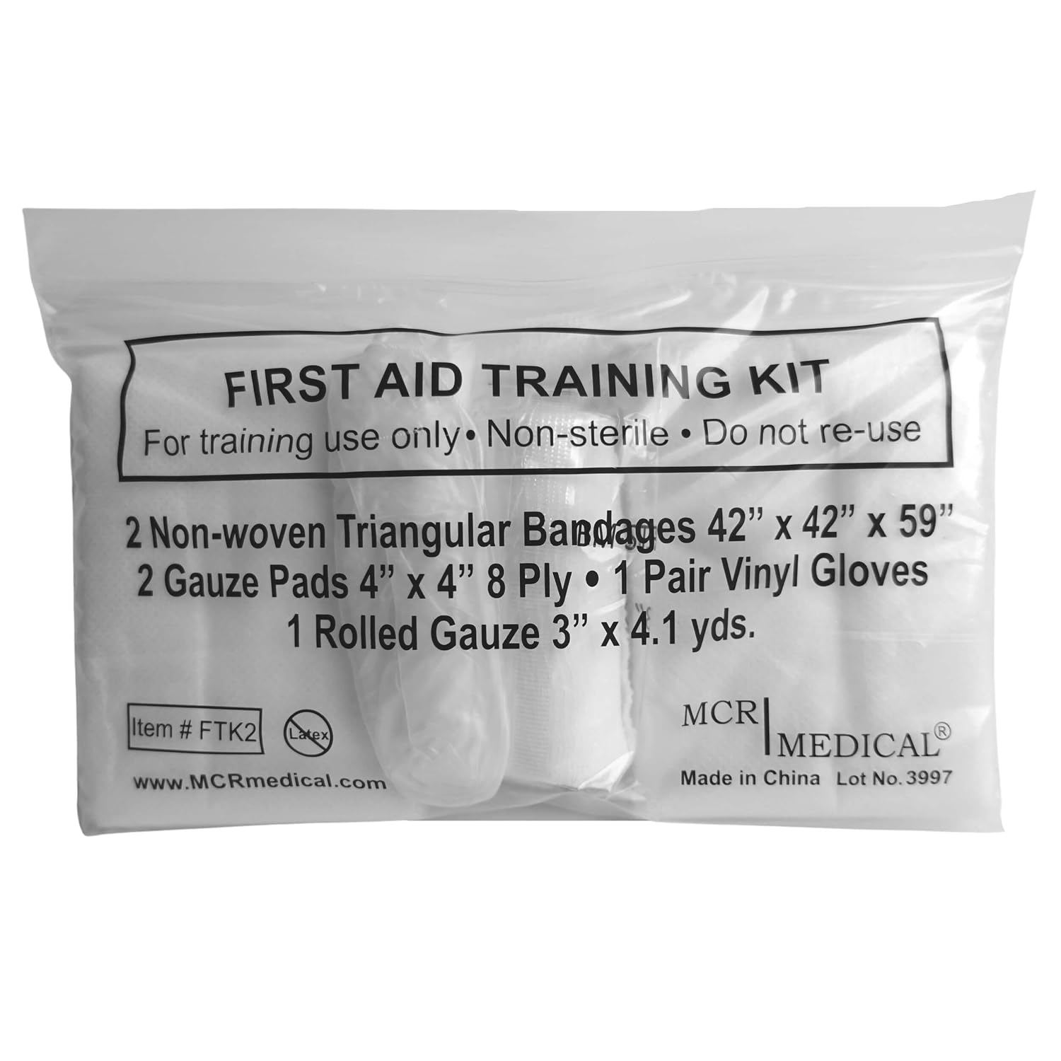 First Aid Training Kit w/Roller Gauze w. Gauze Pads and Triangular Bandages and Gloves 100-Pack MCR Medical