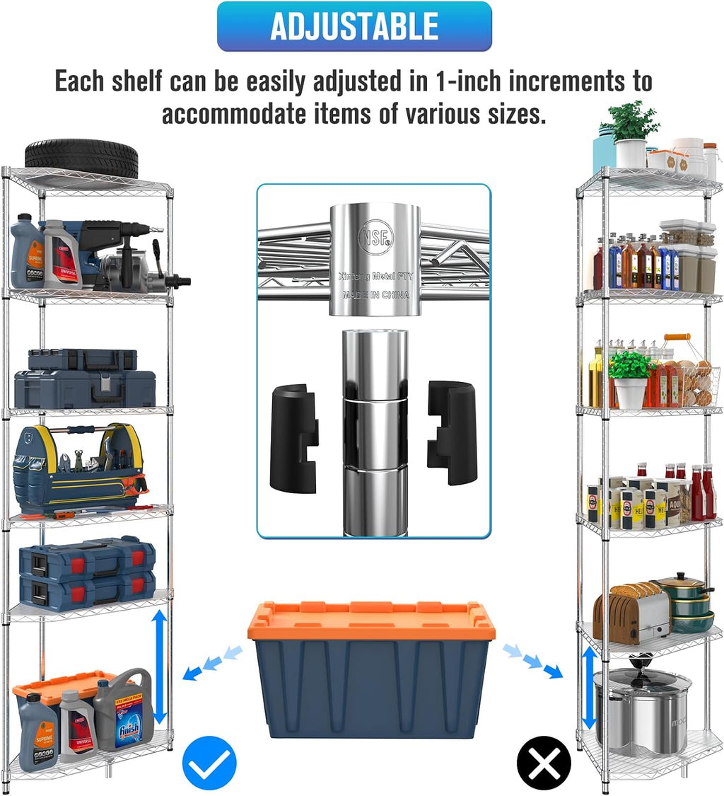 6 Tier NSF Corner Wire Shelf Shelving Unit, 20 x 20 x 72 Inch 600lbs Capacity Heavy Duty Adjustable Metal Storage Rack with Leveling Feet & Shelf Liners for Office Kitchen Bathroom and More - Chrome