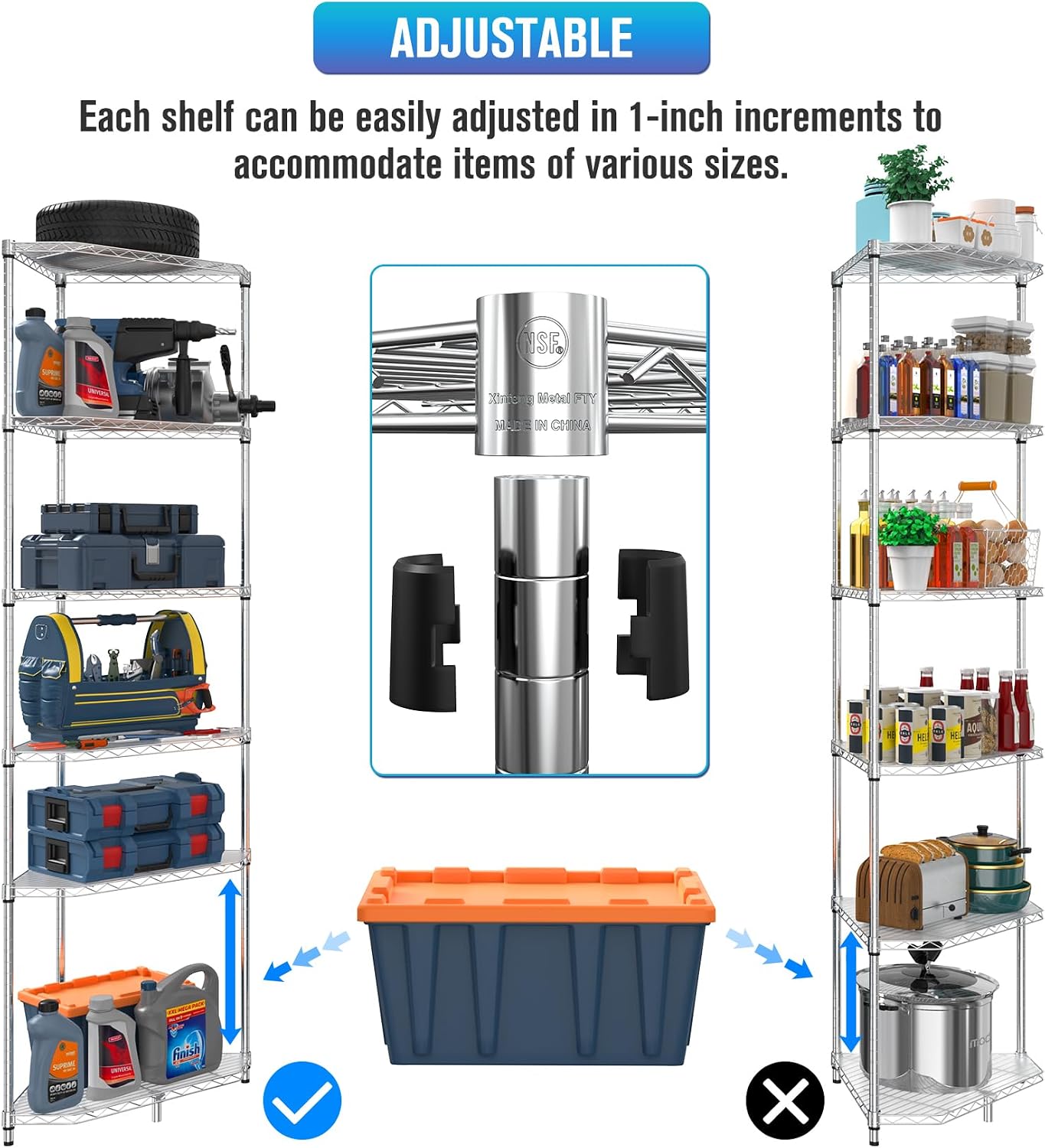 6 Tier NSF Corner Wire Shelf Shelving Unit, 20 x 20 x 72 Inch 600lbs Capacity Heavy Duty Adjustable Metal Storage Rack with Leveling Feet & Shelf Liners for Office Kitchen Bathroom and More - Chrome