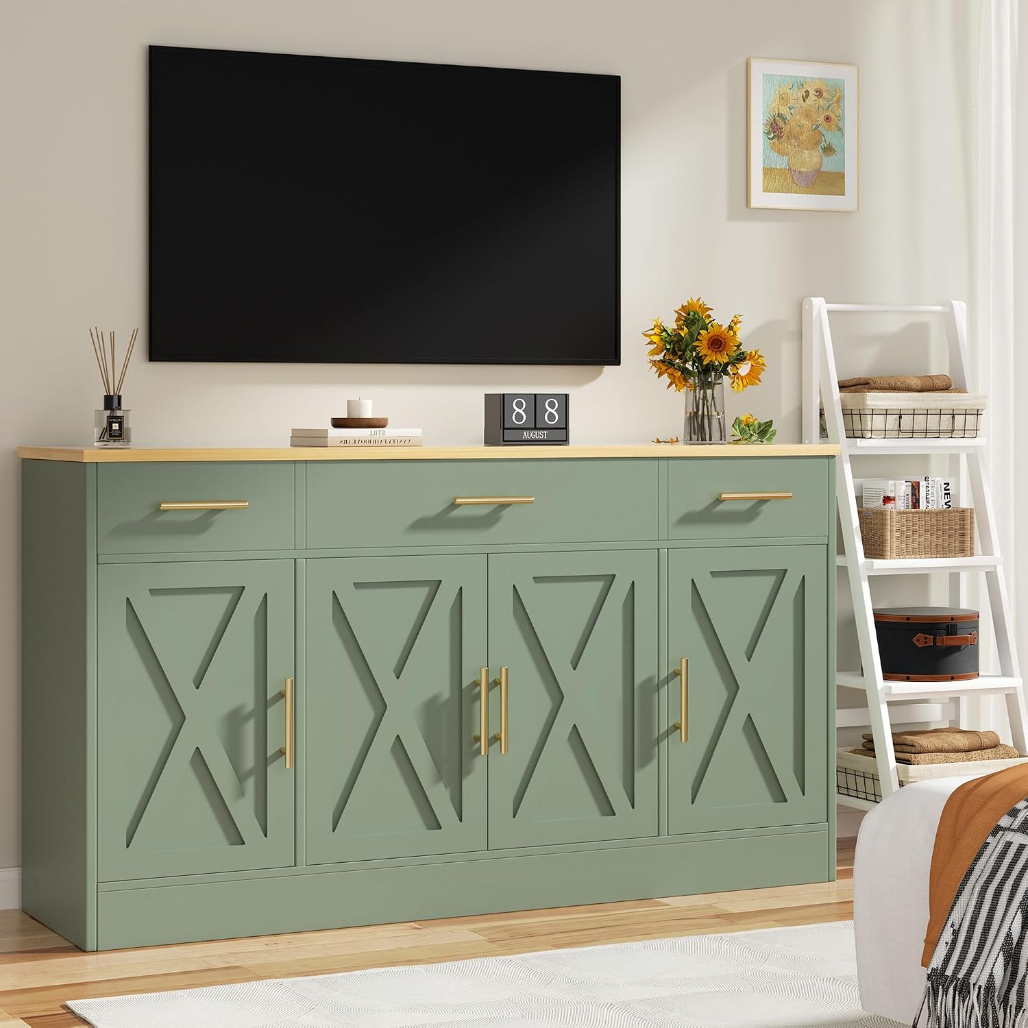 Farmhouse Buffet Cabinet, Accent Storage Cabinet with 4 Doors and 3 Drawers, Wide Sideboard Coffee Bar Cabinets for Living Room, Kitchen, Green