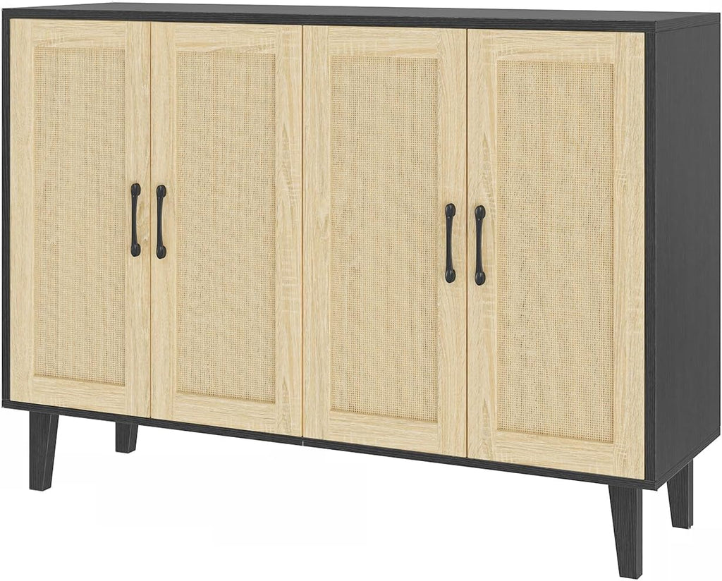Panana Buffet Storage Cabinet with Rattan Decorating 4 Doors Living Room Kitchen Sideboard 48.43 x 34.65 x 15 inch (Black)