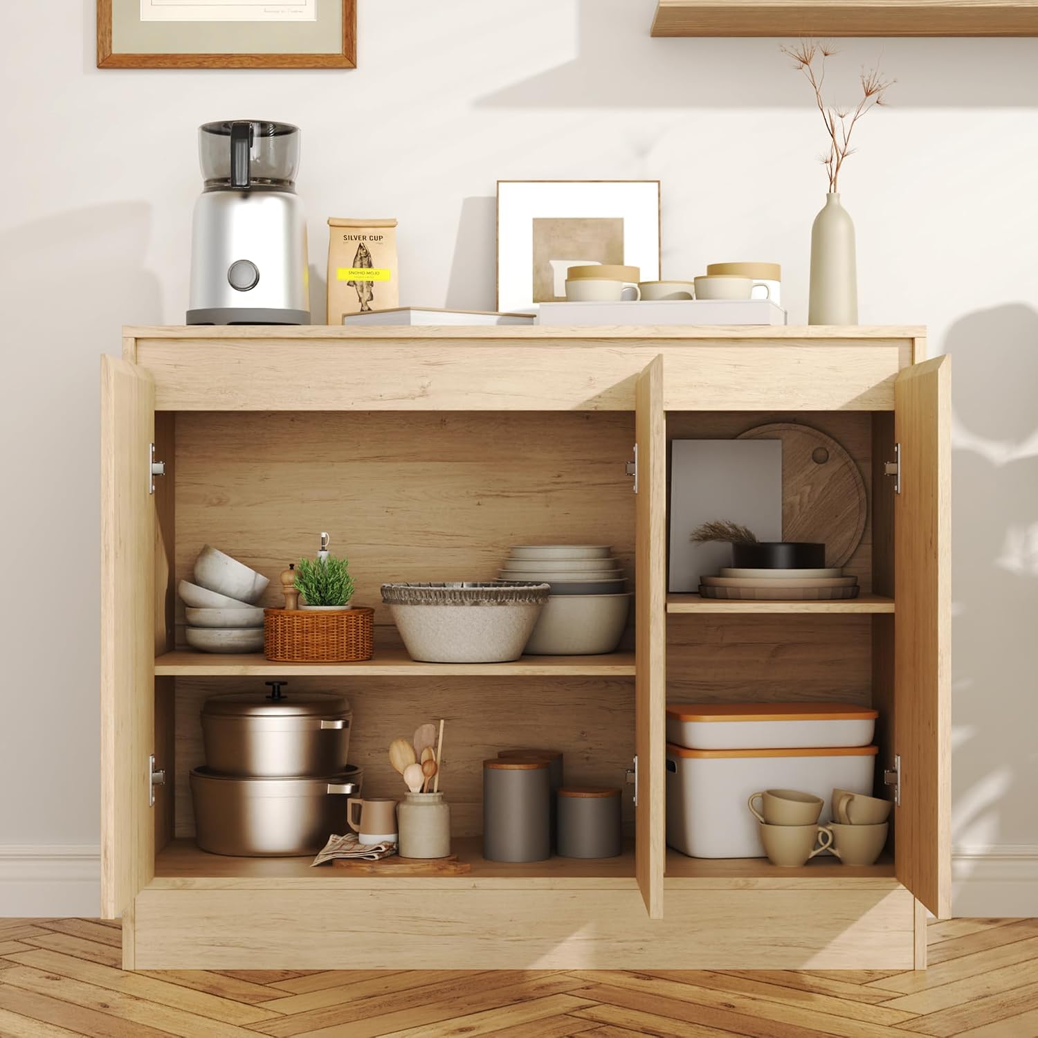 Housoul Buffet Cabinet with Storage, Coffee Bar Cabinet with 3 Doors and Adjustable Shelf, Modern Kitchen Buffet Sideboard for Living Room, Kitchen, Natural