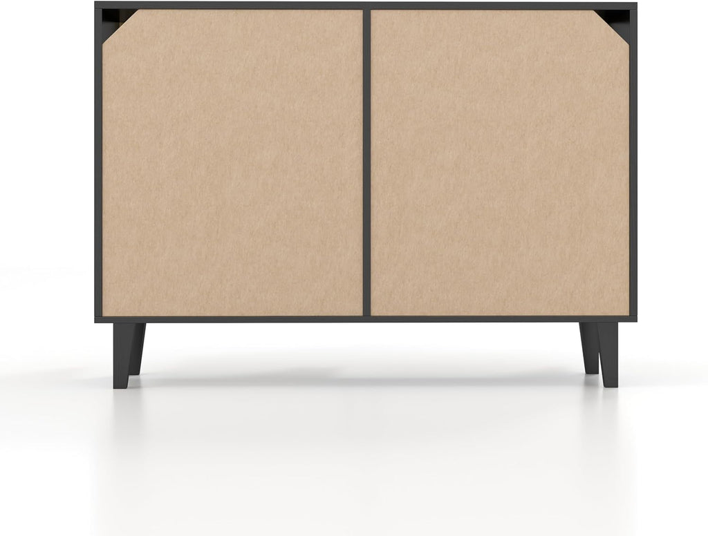 Panana Buffet Storage Cabinet with Rattan Decorating 4 Doors Living Room Kitchen Sideboard 48.43 x 34.65 x 15 inch (Black)