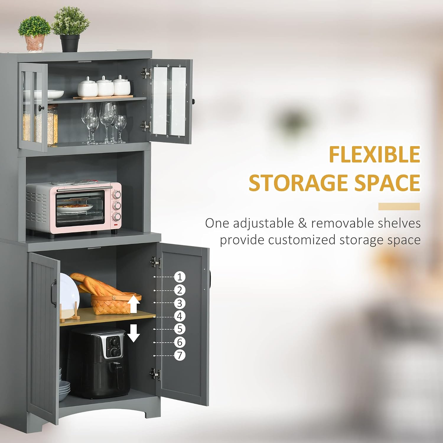 HOMCOM Kitchen Hutch, 70' Pantry Cabinet with Glass Framed Door, Storage Cabinet with Adjustable Shelves and Microwave Space for Dining Room, Gray