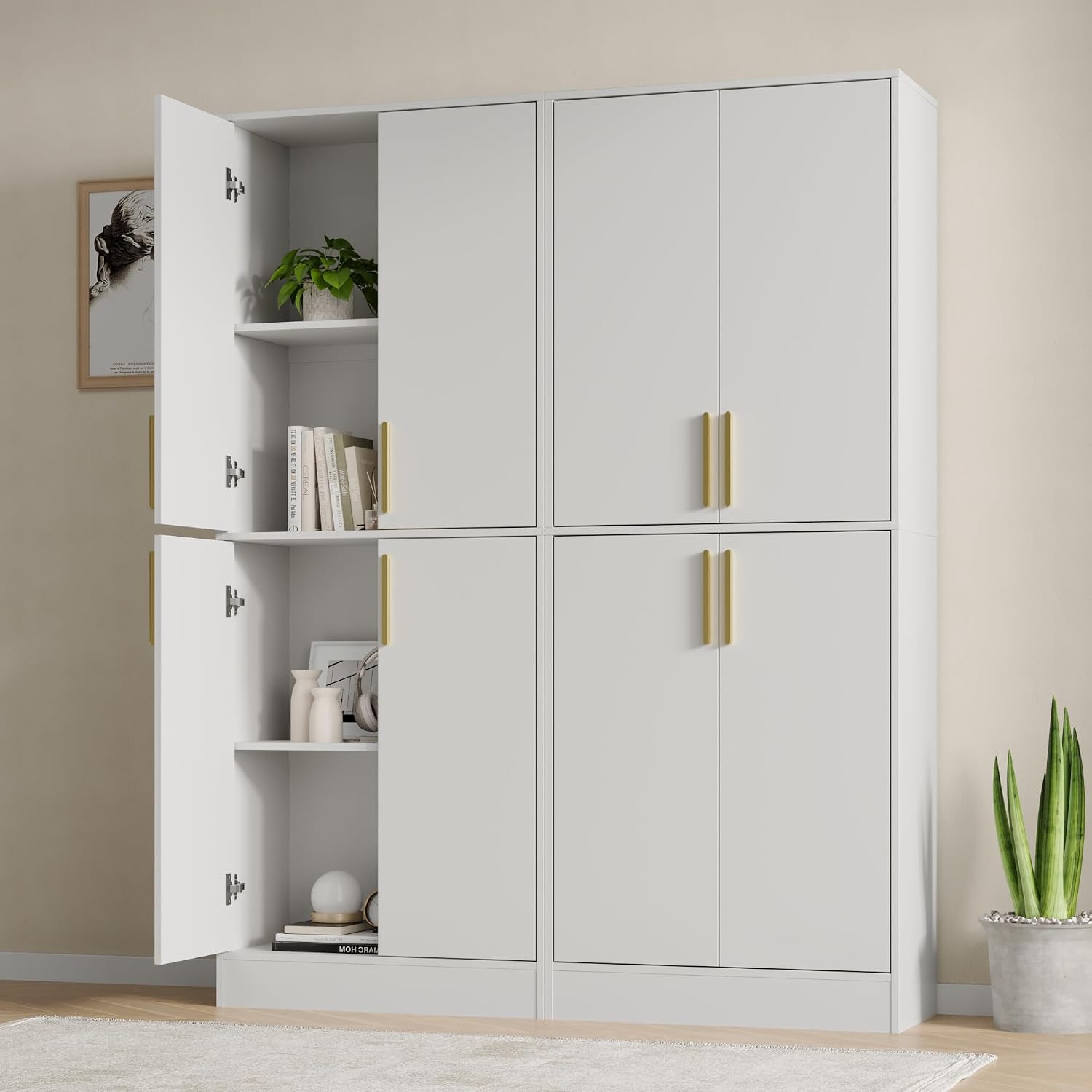 Housoul 71' Tall Pantry Cabinet with 4 Doors, Kitchen Pantry Storage Cabinet, Freestanding Larder Cupboard, Kitchen Hutch with Gold Handles for Dining Room, Bathroom, White
