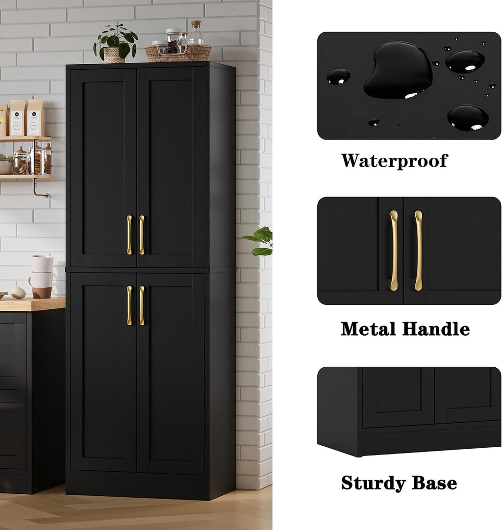 Pantry - Kitchen Pantry Cabinet with 4 Doors and Adjustable Shelves, Tall Black Cabinet Freestanding Storage Cupboard for Dining Room Living Room, Laundry, Bathroom (Black)