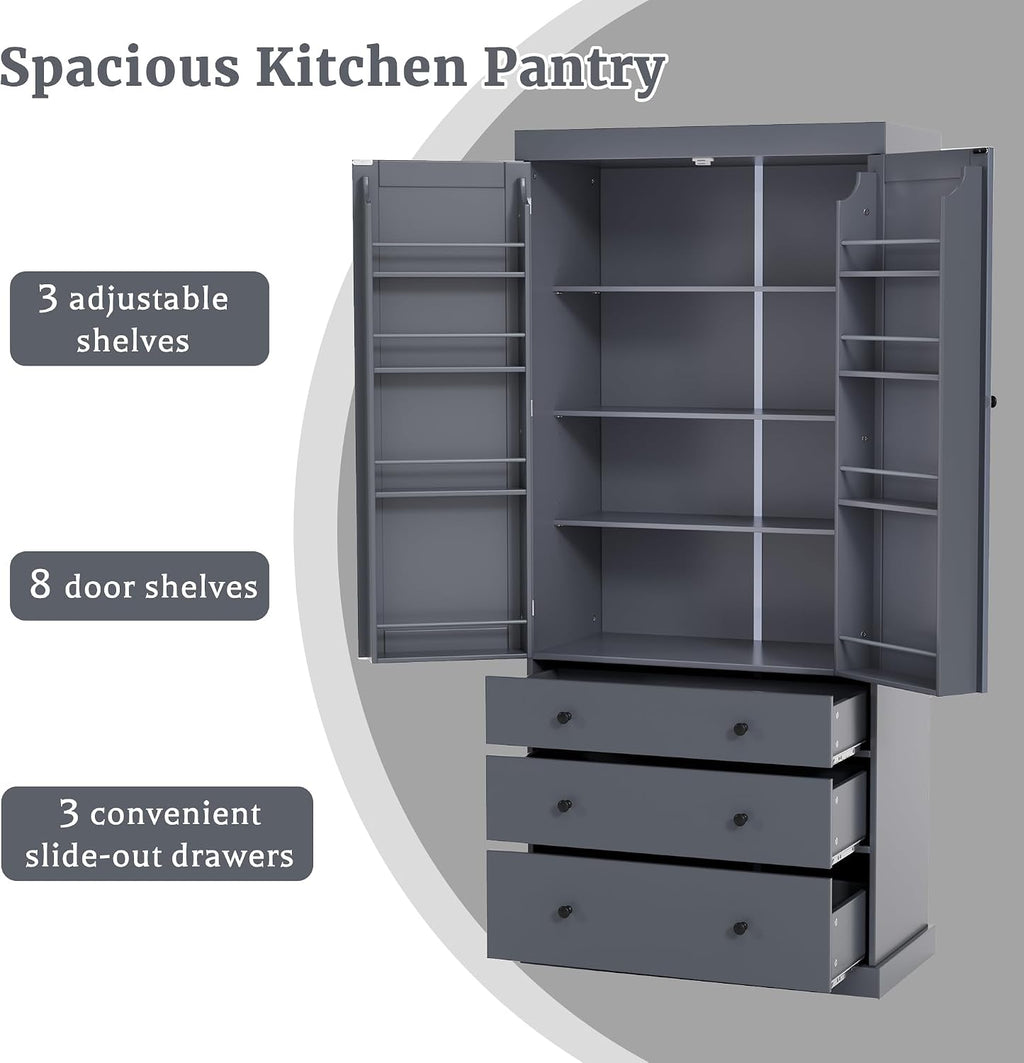 Ball & Cast 77' Freestanding Kitchen Pantry with 3 Drawers and Adjustable Shelves,Tall Cupboard Storage Cabinet with 8 Door Shelves, for Kitchen,Dining Room,Living Room,Apartment,Gray