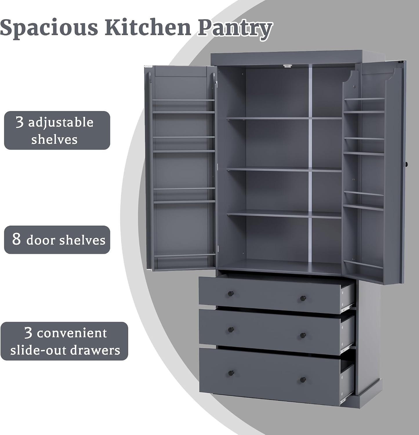 Ball & Cast 77' Freestanding Kitchen Pantry with 3 Drawers and Adjustable Shelves,Tall Cupboard Storage Cabinet with 8 Door Shelves, for Kitchen,Dining Room,Living Room,Apartment,Gray