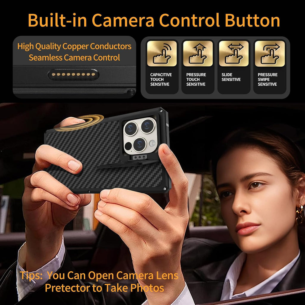 Luxury Carbon Fiber Aluminum Case for iPhone 16 Pro Max, Heavy Duty Rugged Military Protective Phone Cover with Camera Lens Protector Stand, Strong Magnetic Ring Compatible with Magsafe, Black