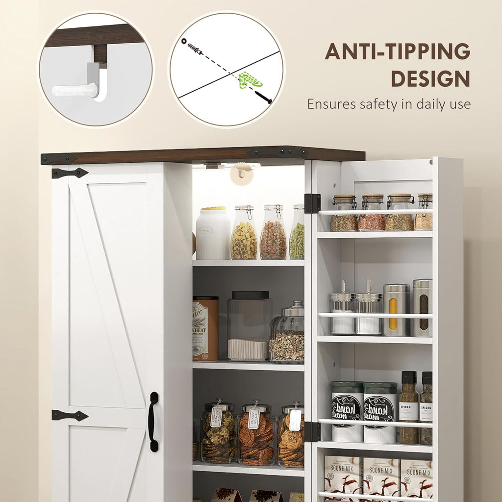 HOMCOM 47' LED Kitchen Pantry Cabinet, Farmhouse Storage Cabinet with 5 Deep Shelves and 12 Door Shelves, Freestanding Food Pantry with Barn Door, White