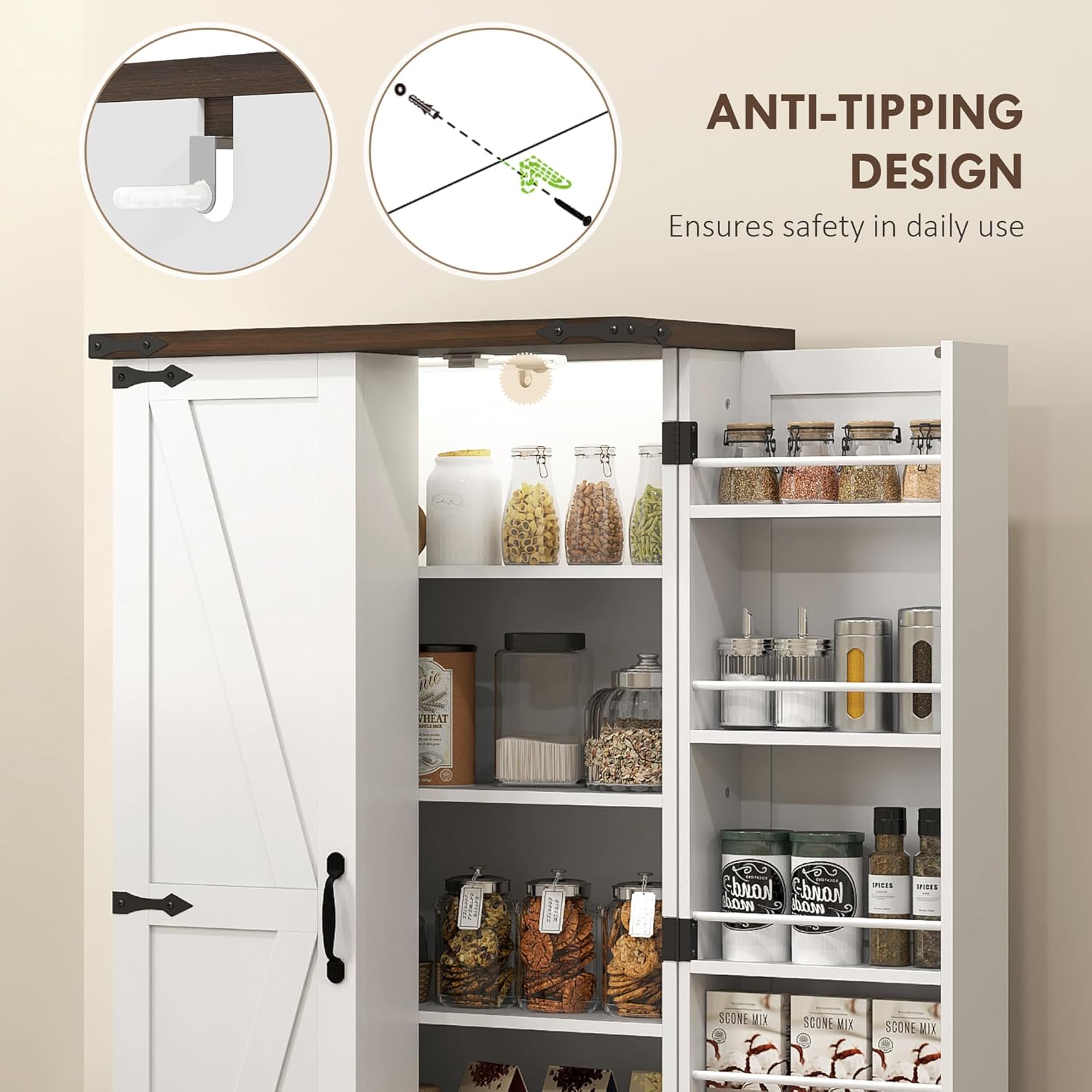 HOMCOM 47' LED Kitchen Pantry Cabinet, Farmhouse Storage Cabinet with 5 Deep Shelves and 12 Door Shelves, Freestanding Food Pantry with Barn Door, White