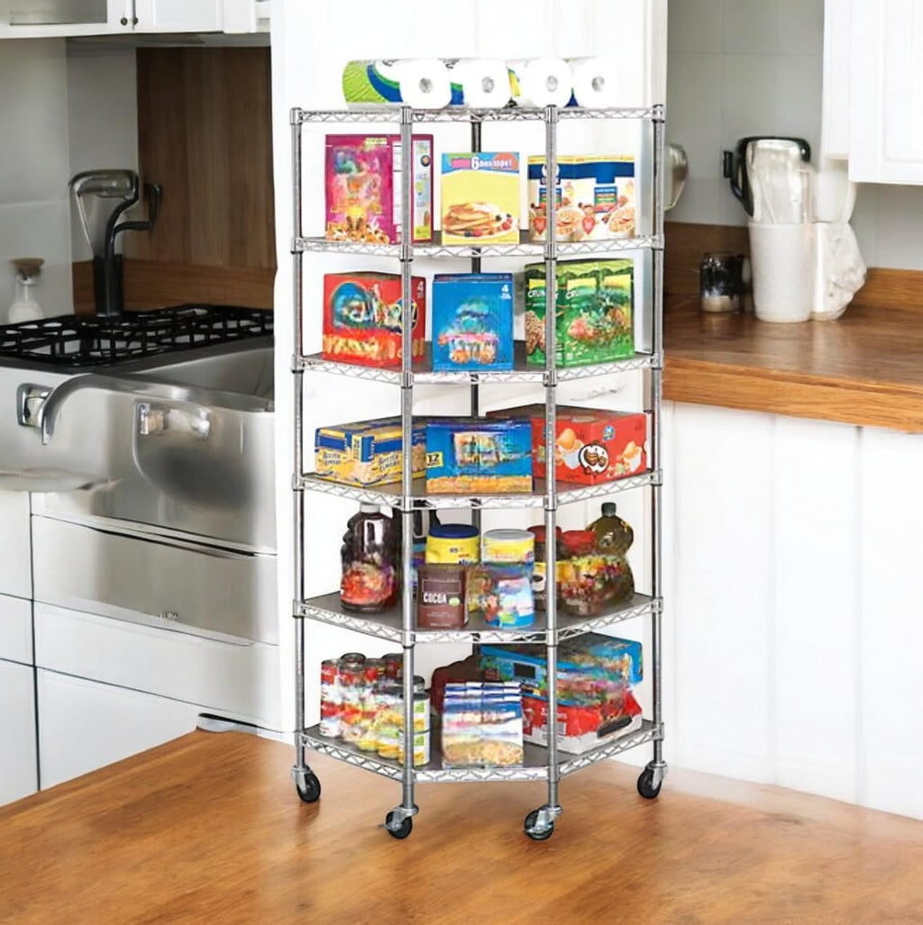 Heavy-Duty 6-Tier Corner Storage Shelf Unit with Wheels, Chrome Wire Shelving, Mobile Metal Rack with Casters