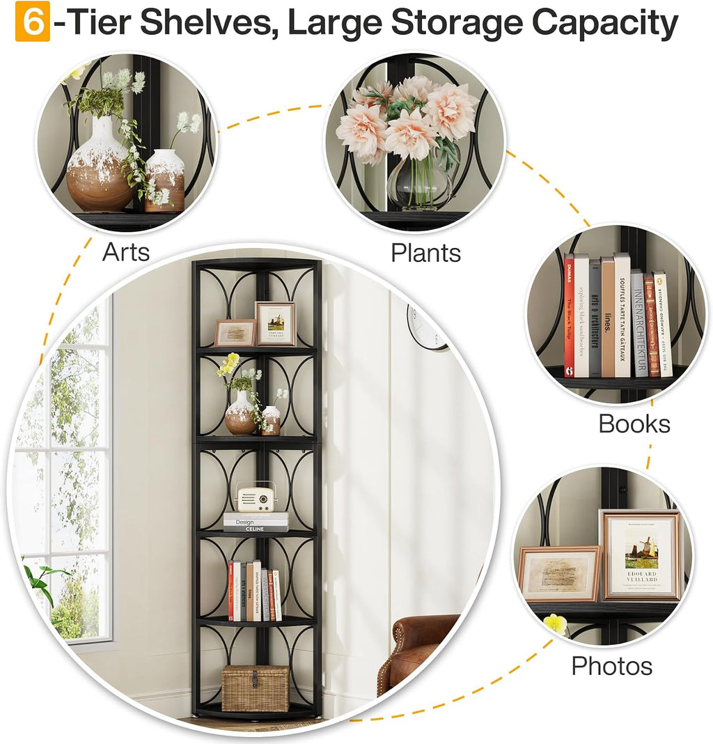 Tribesigns 67 inch Tall Corner Shelf, 6 Tier Rustic Corner Bookshelf Bookcase Storage Rack Standing Shelving Unit for Living Room, Small Space, Black