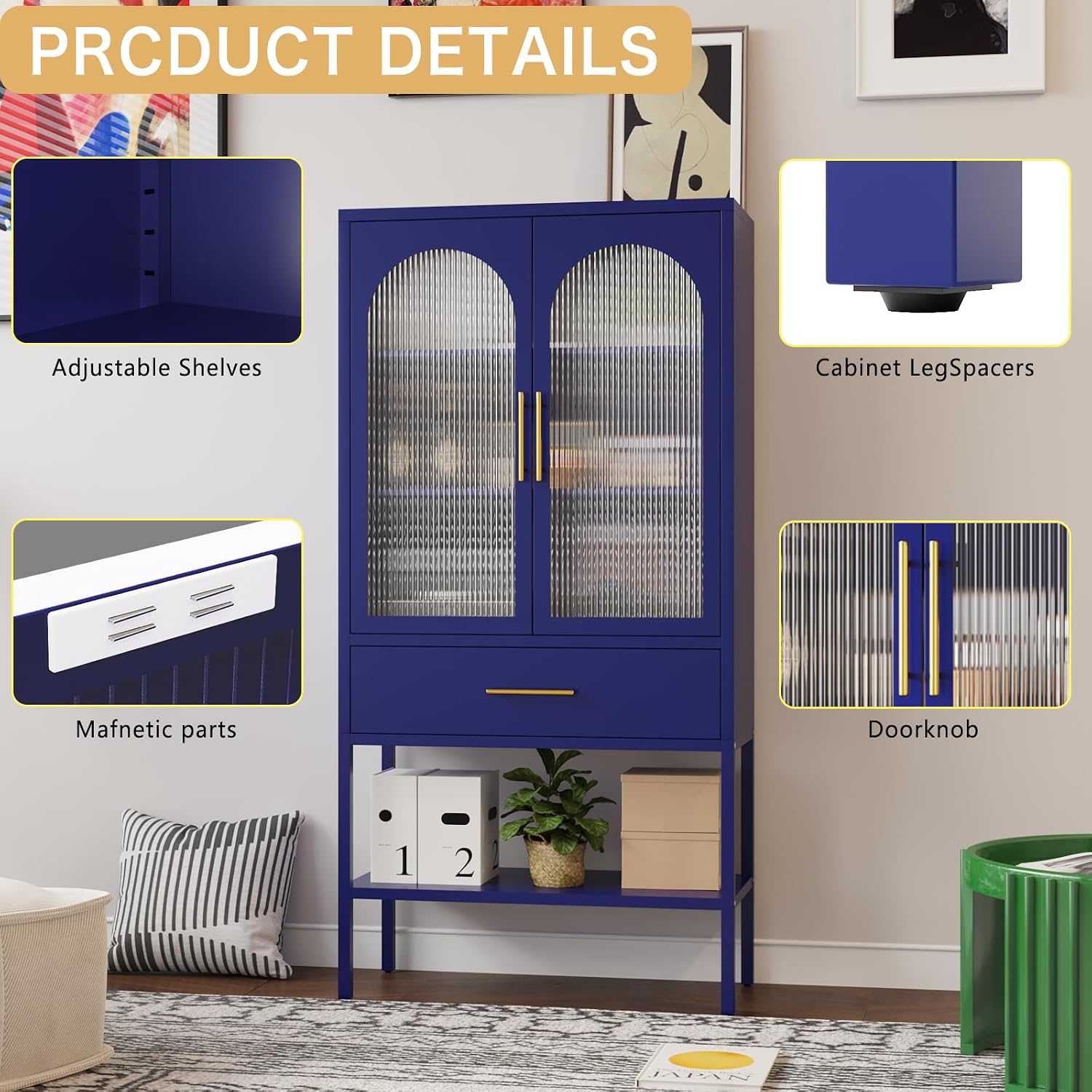 ALBAD 63 Inch Tall Metal Pantry/Display/Storage Cabinet with Fluted Glass Doors and Drawer & Adjustable Shelf for Modern Home Office Living Room Kitchen Blue