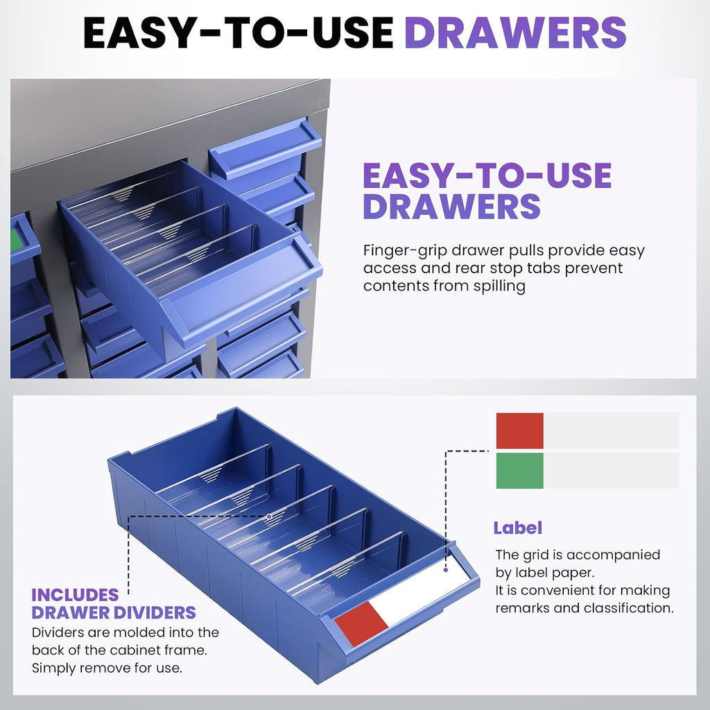 40 Drawers Stainless Steel Nut and Bolt Organizer, 21' D x 9' W x 25' H Parts Cabinet with Adjustable Shelves and Label Stickers, Bolt Organizer for Nuts Bolts Parts Screws Small Items