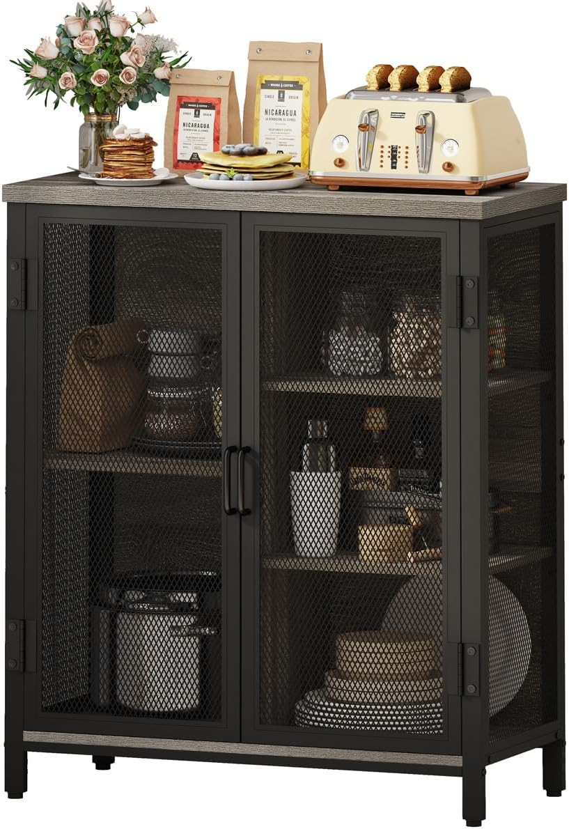 BON AUGURE Small Coffee Bar Cabinet with Storage, Farmhouse Liquor Cabinet for Home Coffee Station, Wood Sideboard Buffet with Doors for Kitchen, Dining Room, Living Room, Dark Grey Oak