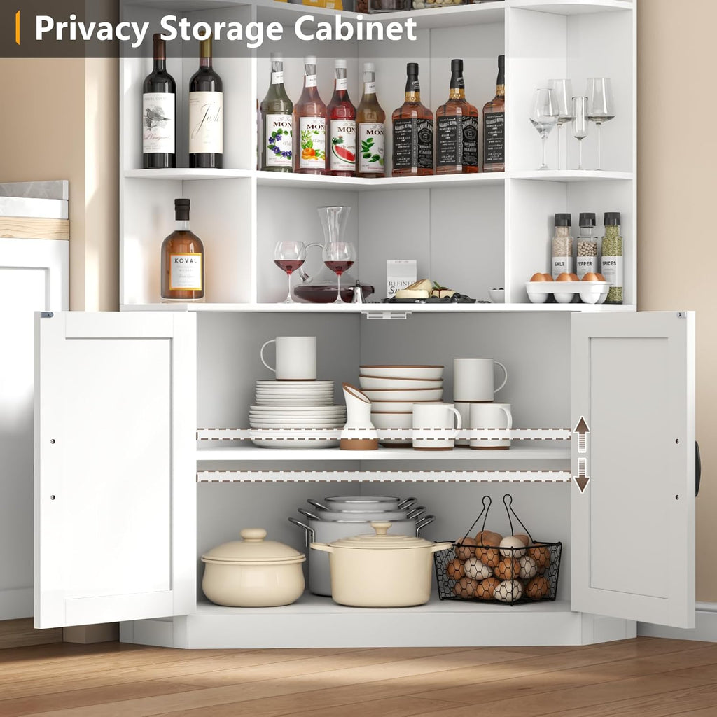 Corner Bookshelf with Doors, 6 Tier Corner Bookcase with Storage Cabinet, White L-Shaped Book Shelf with 8 Open Racks , Farmhouse Etagere Bookshelf with Full Baffle for Living Room Home Office (White)