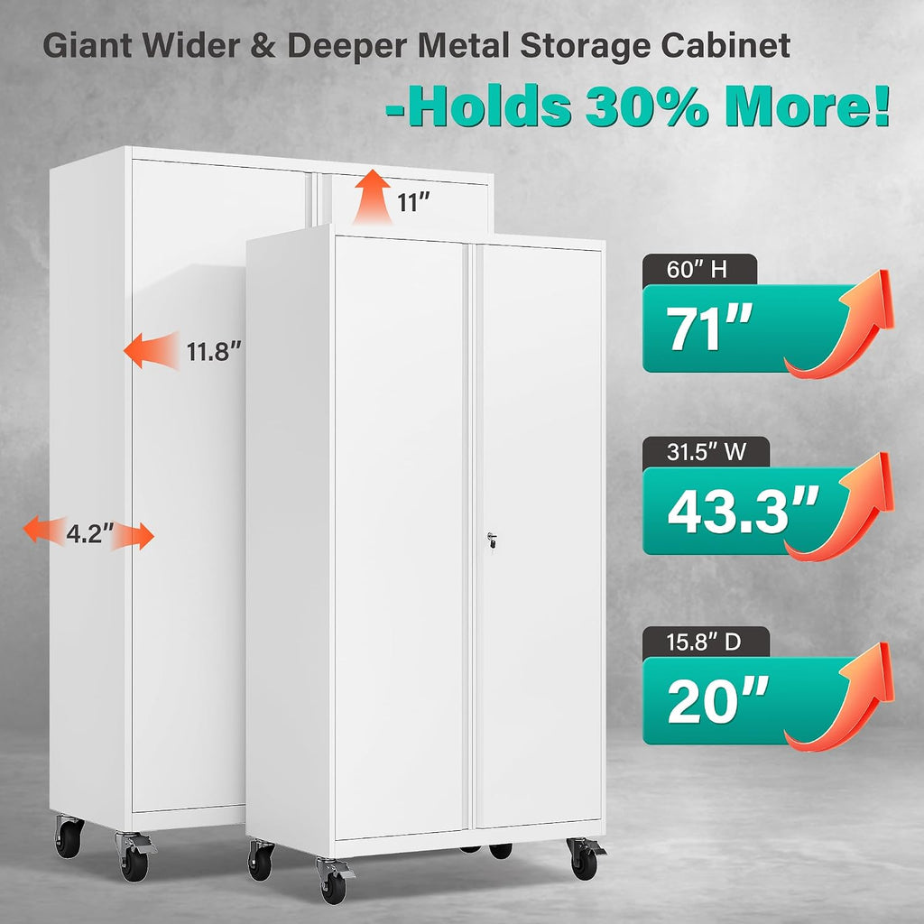 SISESOL Wide & Deep Metal Storage Cabinet with Wheels,Tall Rolling Garage Storage Cabinet with Lock,White Metal Cabinets with Pegboards and Shelves,Tool Locker for Garage,Home,Office,43''Wx 20''Dx71'H