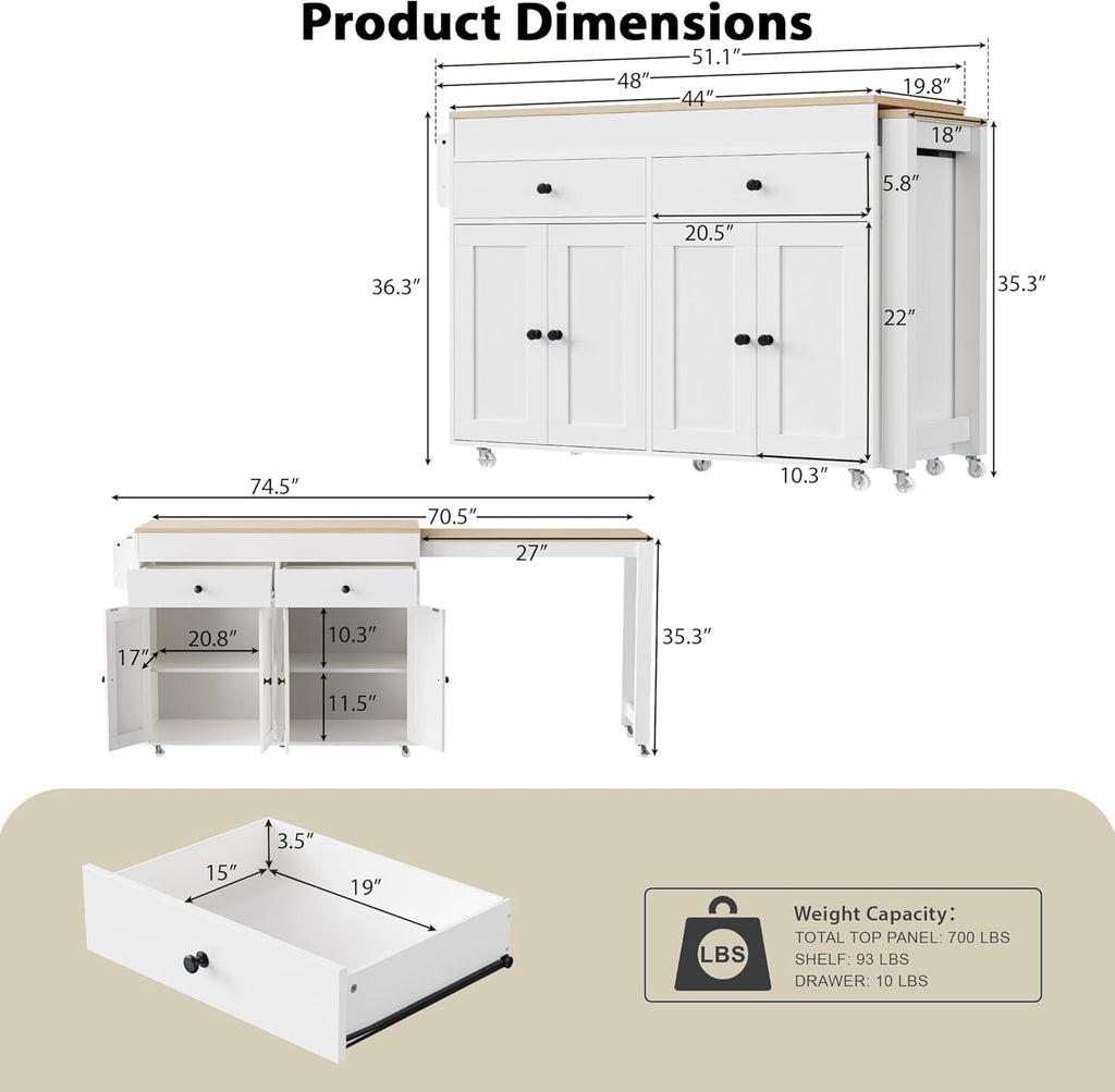 74.5' Rolling Kitchen Island with Extendable Dining Table, Kitchen Storage Cart on Wheels with 2 Drawers, Spice Rack, 4 Door Cabinet for Kitchen, Dining Room, White