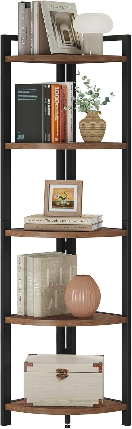 FATORRI Tall Corner Shelf, Industrial Corner Bookshelf, Wood and Metal Corner Shelf Stand for Living Room, Rustic Display Plant Stand for Home Office (Medium Walnut)