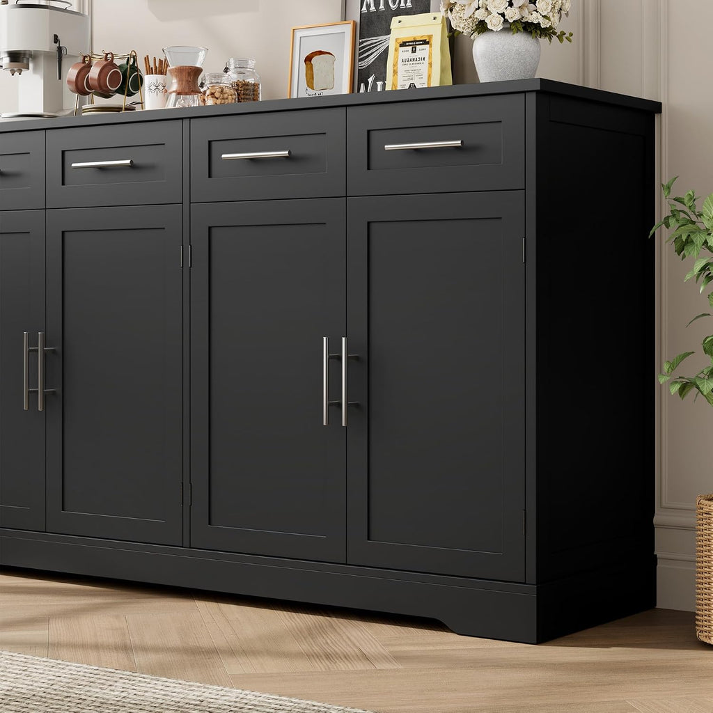 HOSTACK 60' Large Buffet Sideboard with Storage, 36' Tall Kitchen Buffet Storage Cabinet with 4 Drawer, Modern Coffee Bar Cabinet with Silver Handle, Long Sideboard Buffet Table for Kitchen, Black