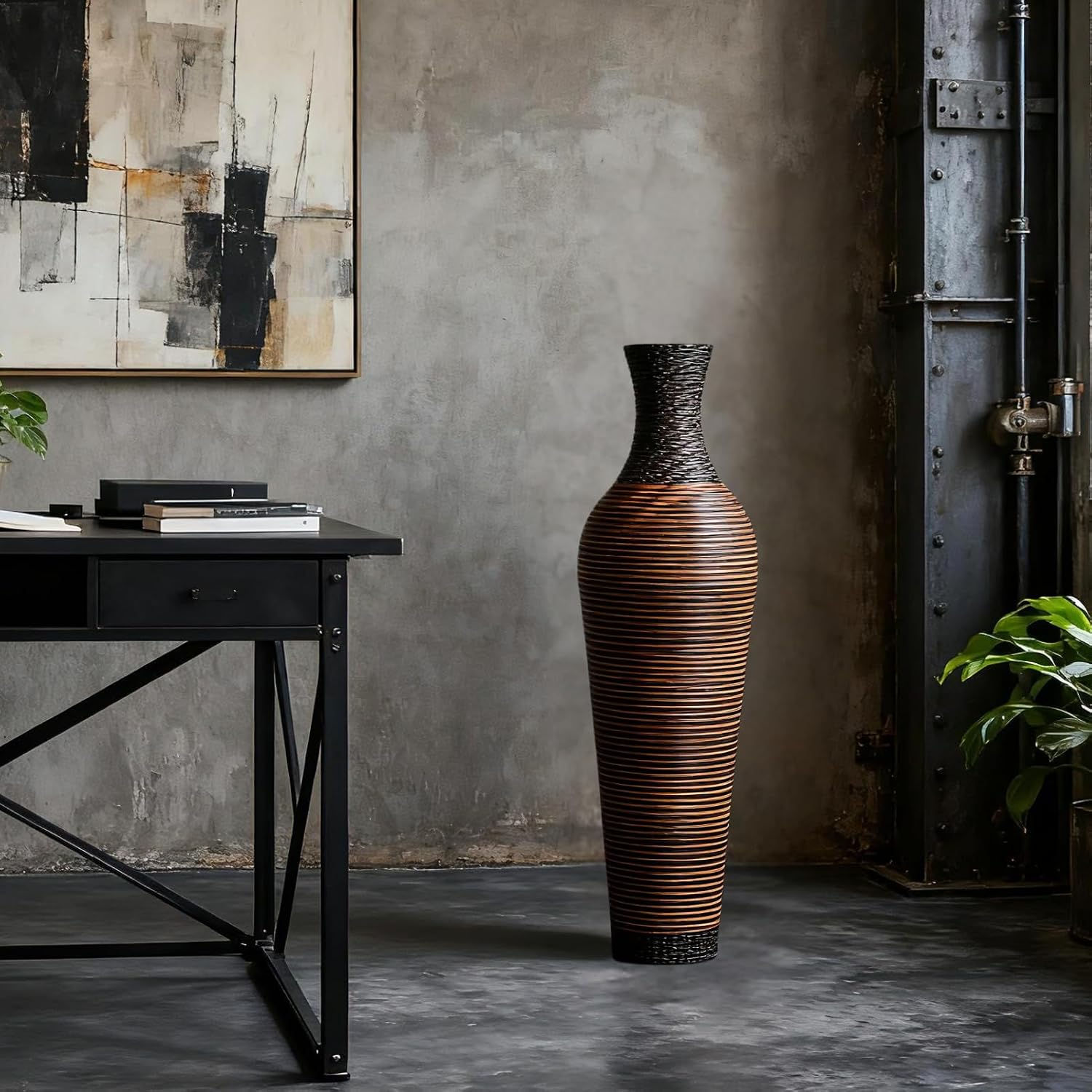 39-Inch Tall Vintage Floor Vase - Premium PVC Rattan Weave, Large Brown Standing Vase, Flower Holder for Home Decor (47 - Dark Brown)