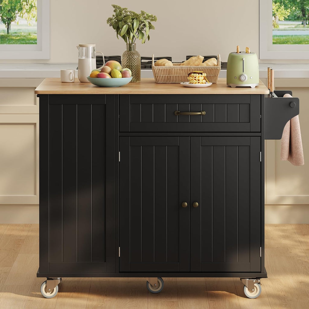 Ahomly Kitchen Island with Storage, 44.49' Kitchen Island with Trash Can Storage, Drop Leaf Rubberwood Top, Knife Holder, Adjustable Shelf, Towel Bar, Drawer, Spice Rack, Black