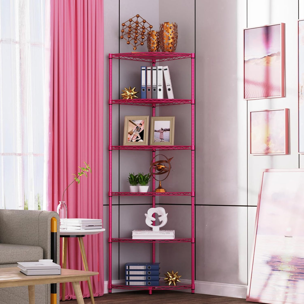 6 Tier NSF Corner Wire Shelf Shelving Unit, 18 x 18 x 72 Inch 420lbs Capacity Heavy Duty Adjustable Metal Storage Rack with Leveling Feet & Shelf Liners for Office Kitchen Bathroom and More - Pink